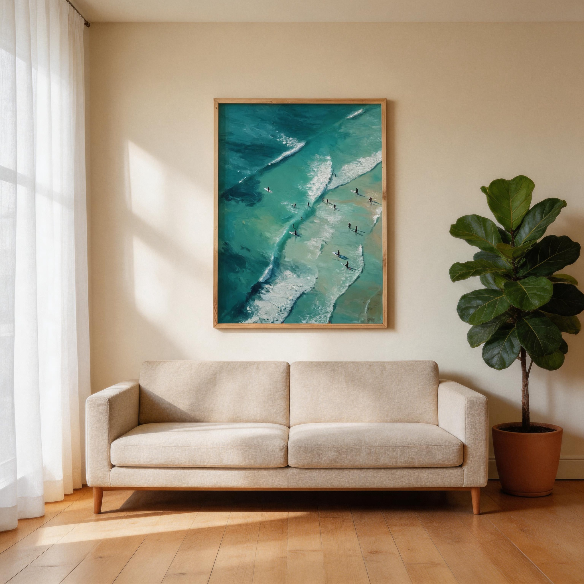 Riding the Break — Aerial Surfers Teal Ocean Canvas Wall Art #BC002