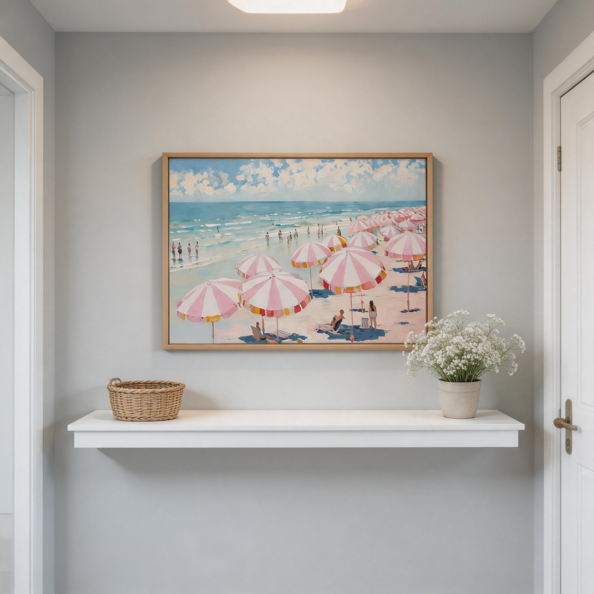 Pink Beach Umbrella Canvas Wall Art #BC007