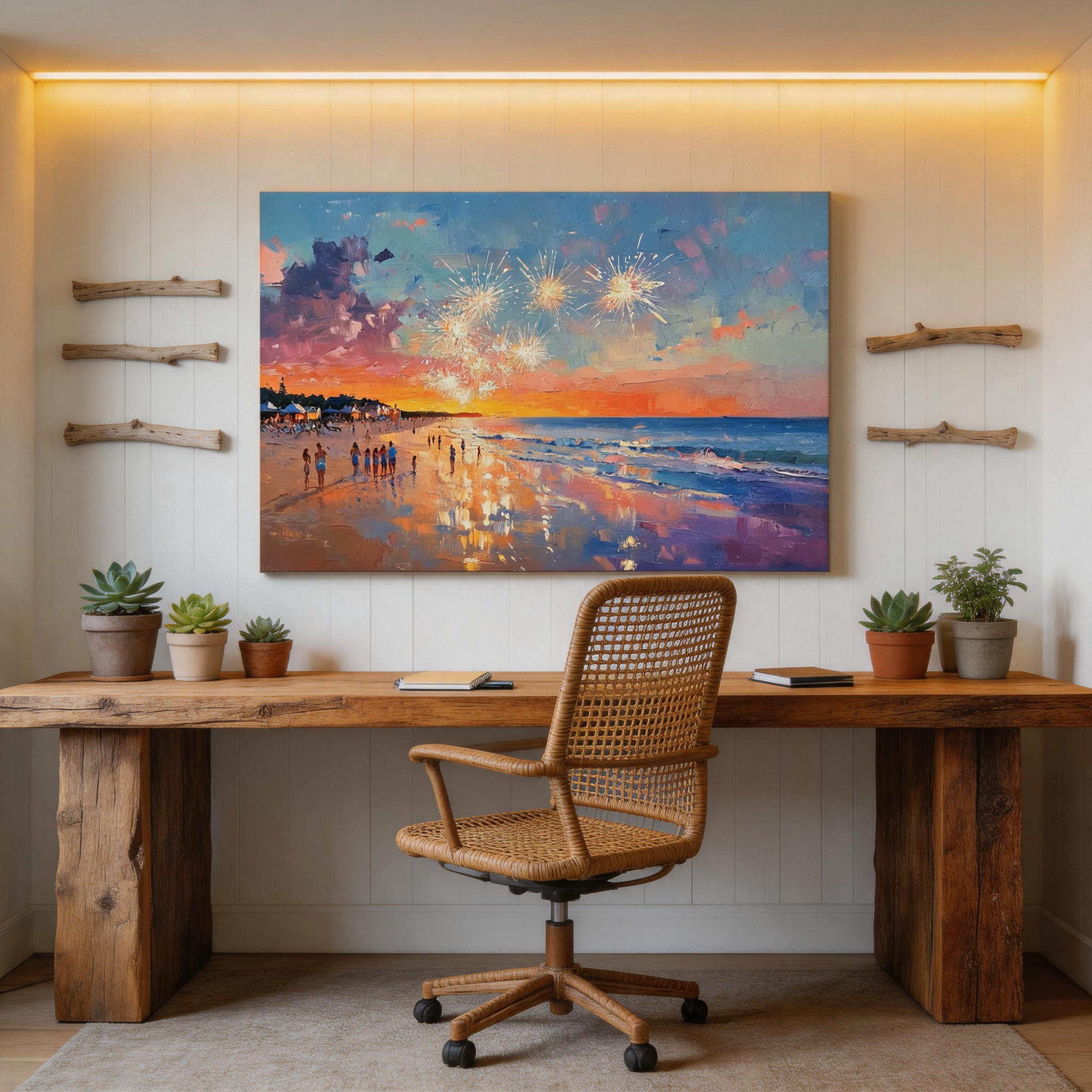 Beach Fireworks Canvas Wall Art #BC006