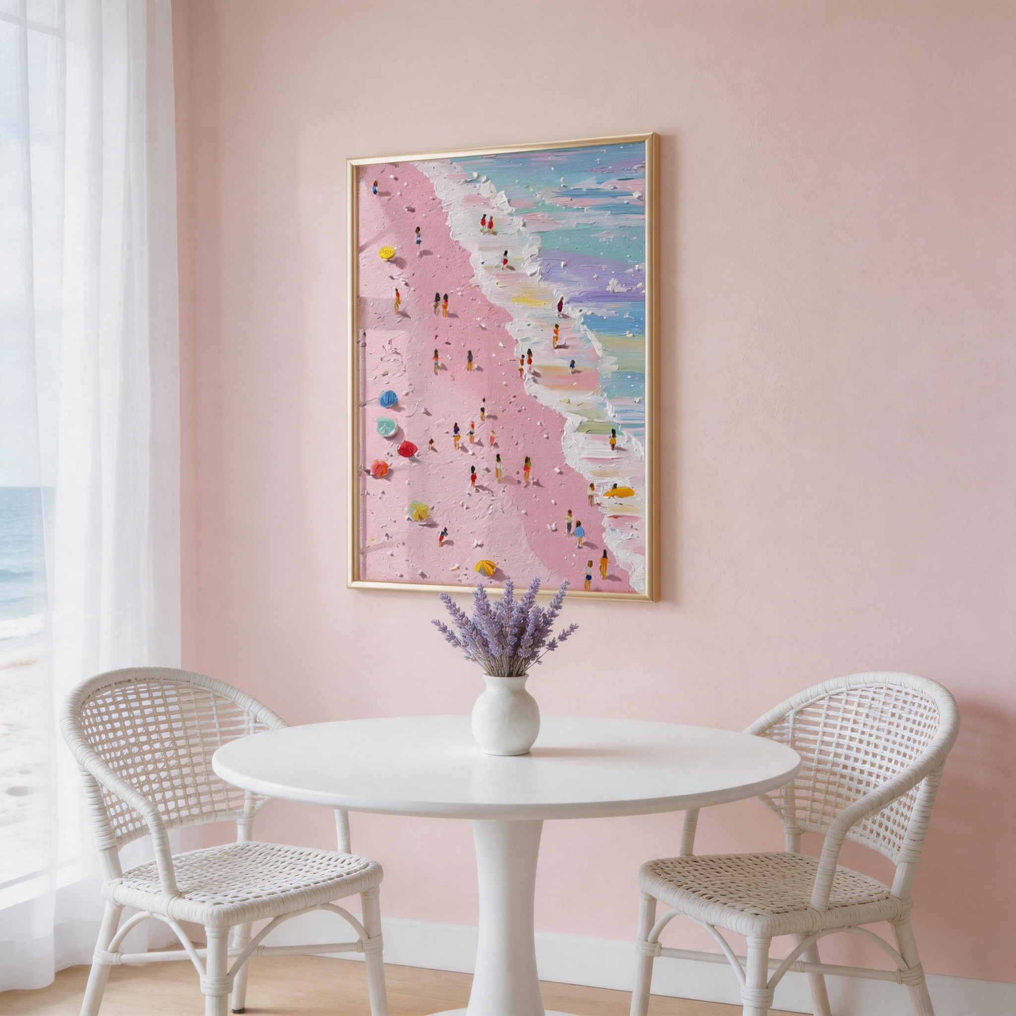 Pink Beach from Above — Aerial Impasto Canvas Wall Art with Figures #BC001