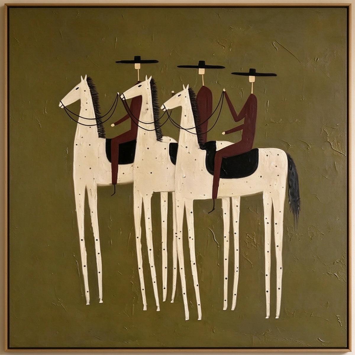 THE THREE RIDERS — FOLK ART EQUESTRIAN CANVAS WALL ART, OLIVE #HA045