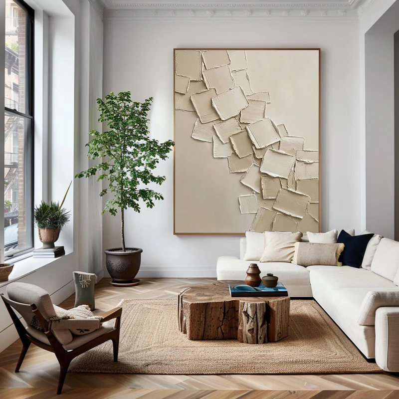 Cascade — Ivory Square Relief Impasto Canvas Wall Art on Warm Beige #CP053