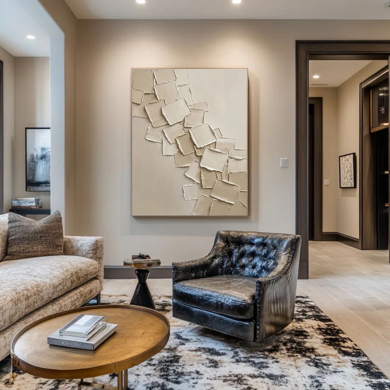 Cascade — Ivory Square Relief Impasto Canvas Wall Art on Warm Beige #CP053