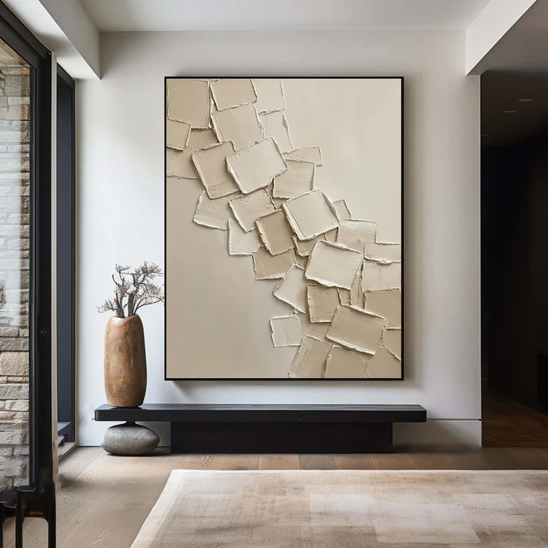 Cascade — Ivory Square Relief Impasto Canvas Wall Art on Warm Beige #CP053