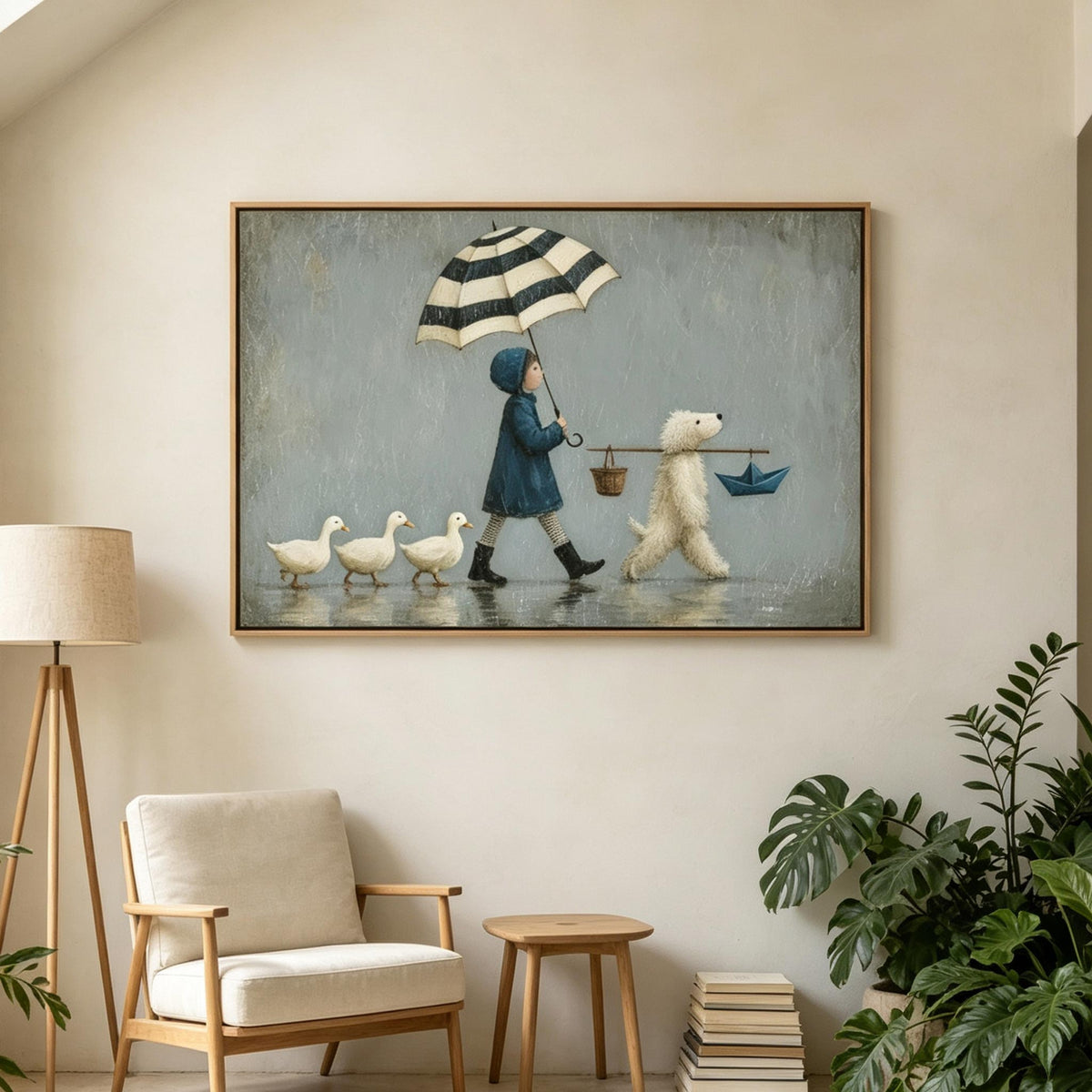 Rainy Day Parade – Whimsical Storybook Figurative Painting #UP002