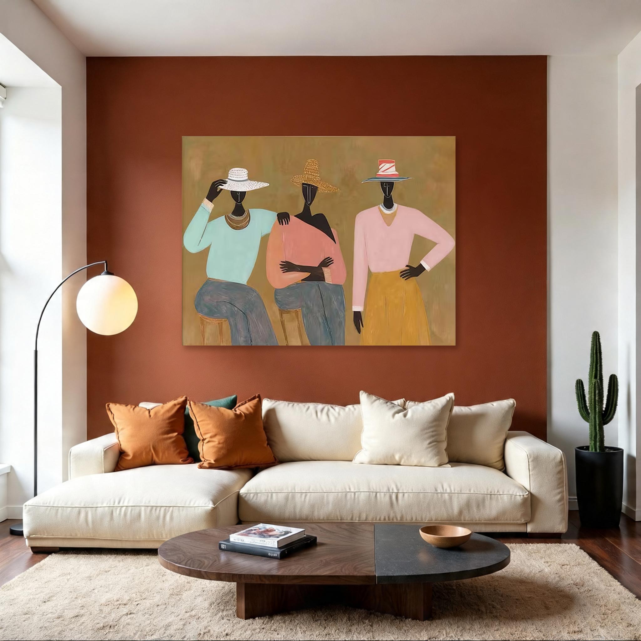 Three Women with Hats Canvas Painting — Original Figurative Art #CP034