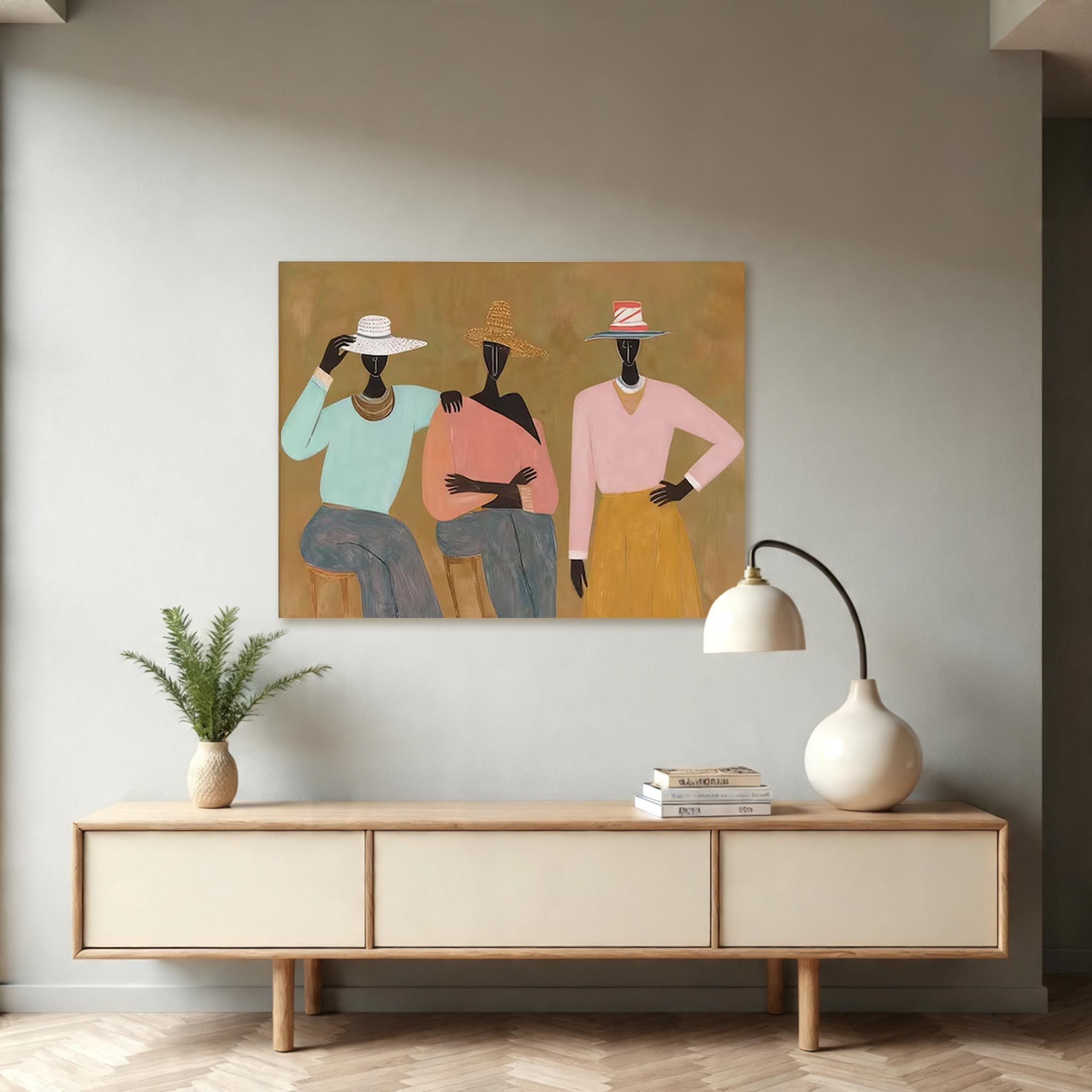 Three Women with Hats Canvas Painting — Original Figurative Art #CP034