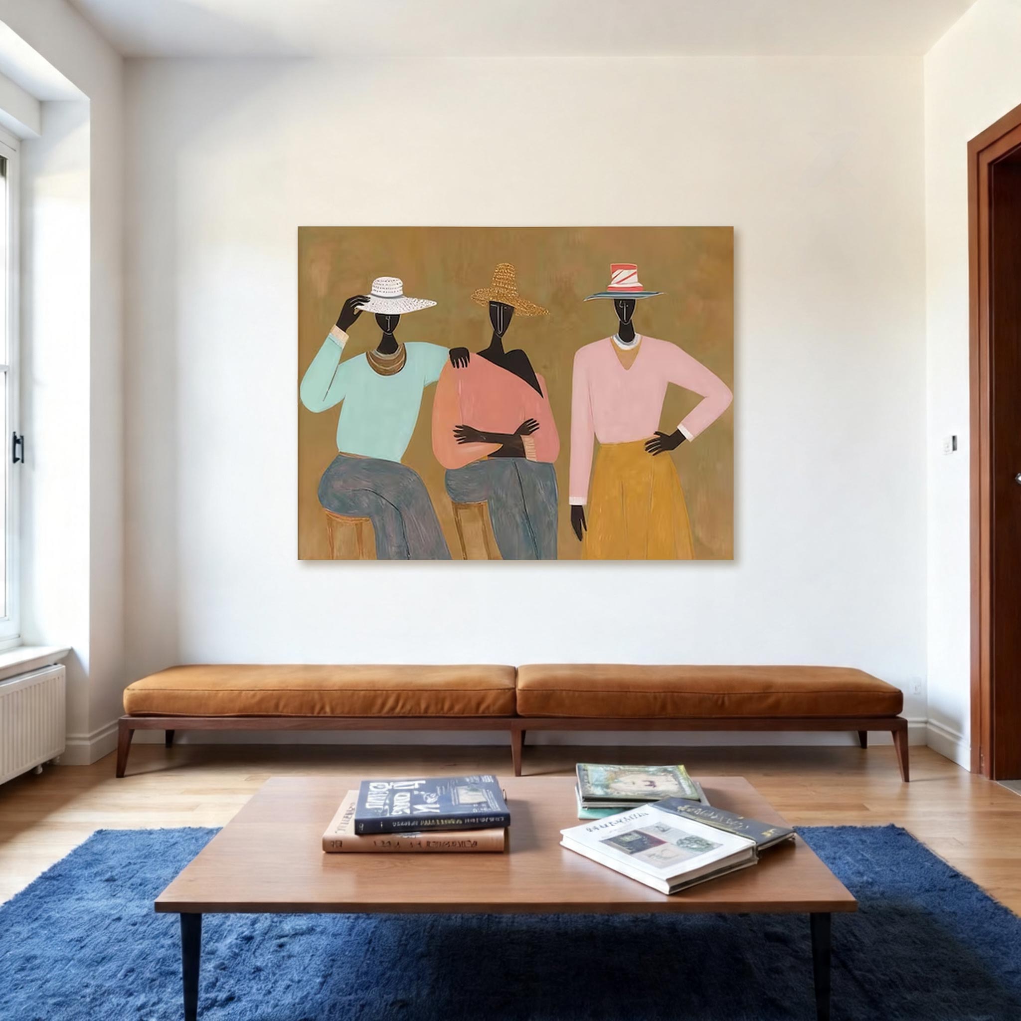 Three Women with Hats Canvas Painting — Original Figurative Art #CP034