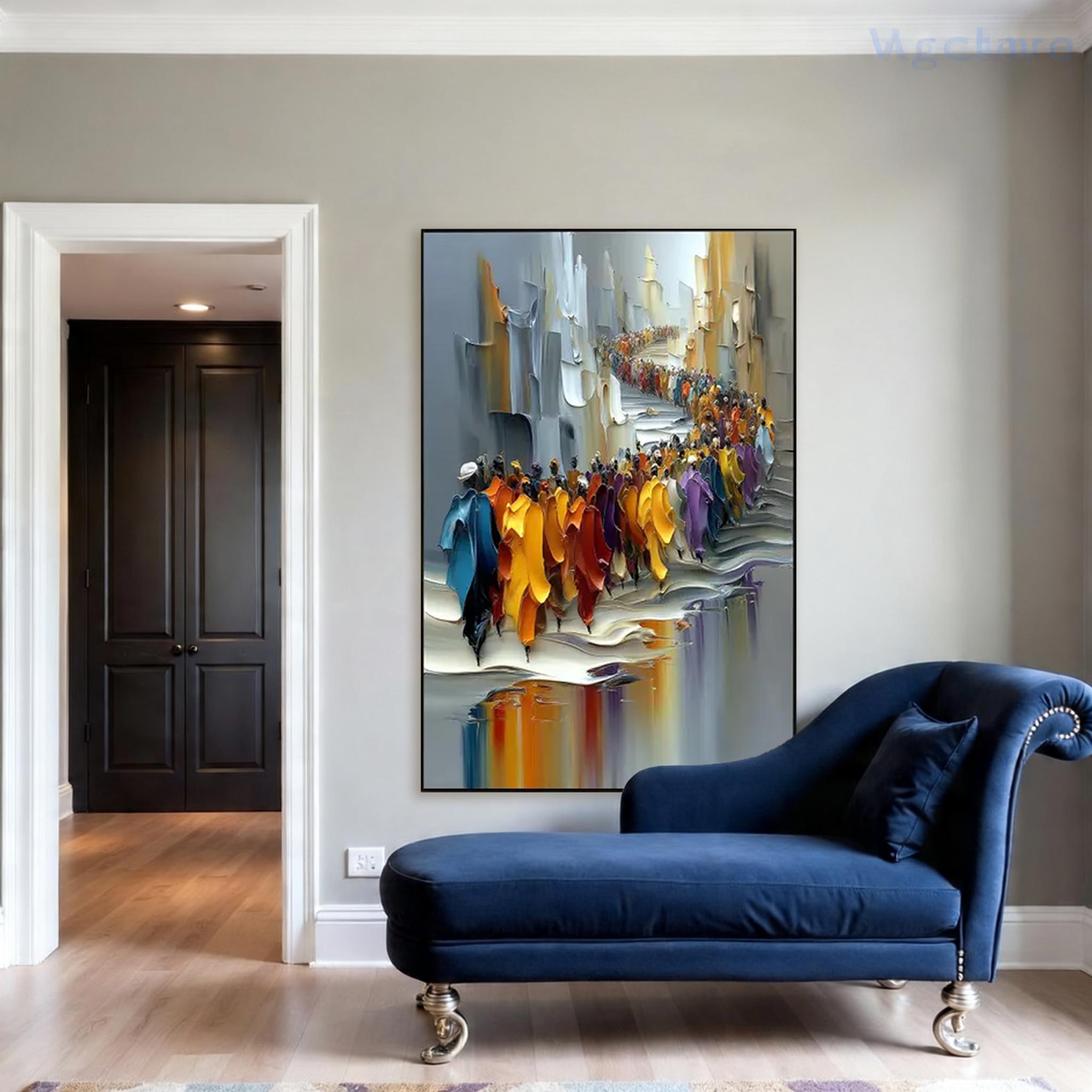 Large Colorful Crowd Procession Canvas Painting #CP035