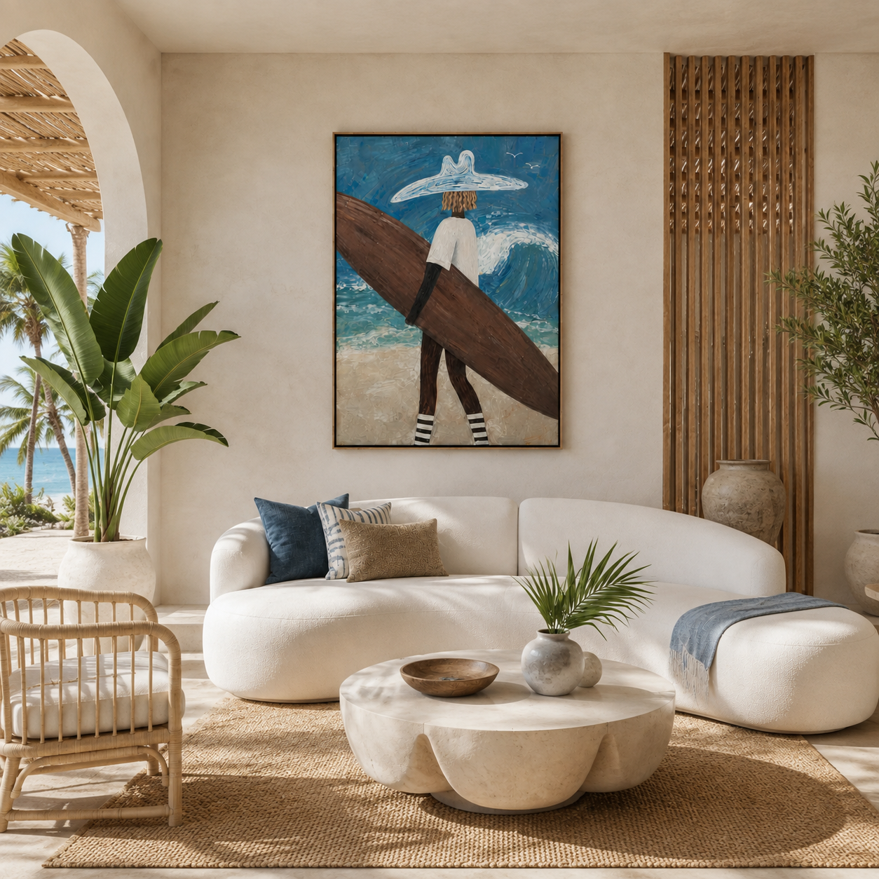 Palm & Surfer Textured Canvas Print — Framed Coastal Wall Art #SF004