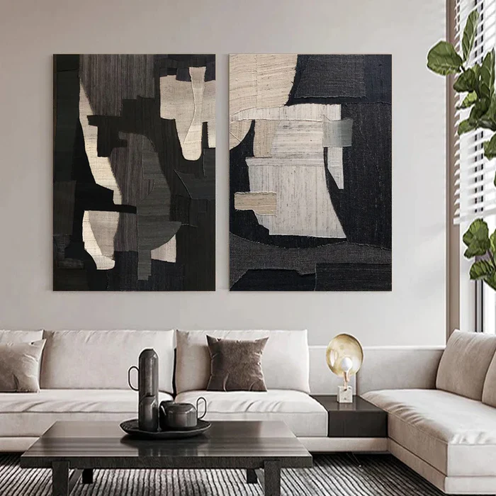 Black Plaster Art Minimalist Textured Painting Set of 2 #BT015