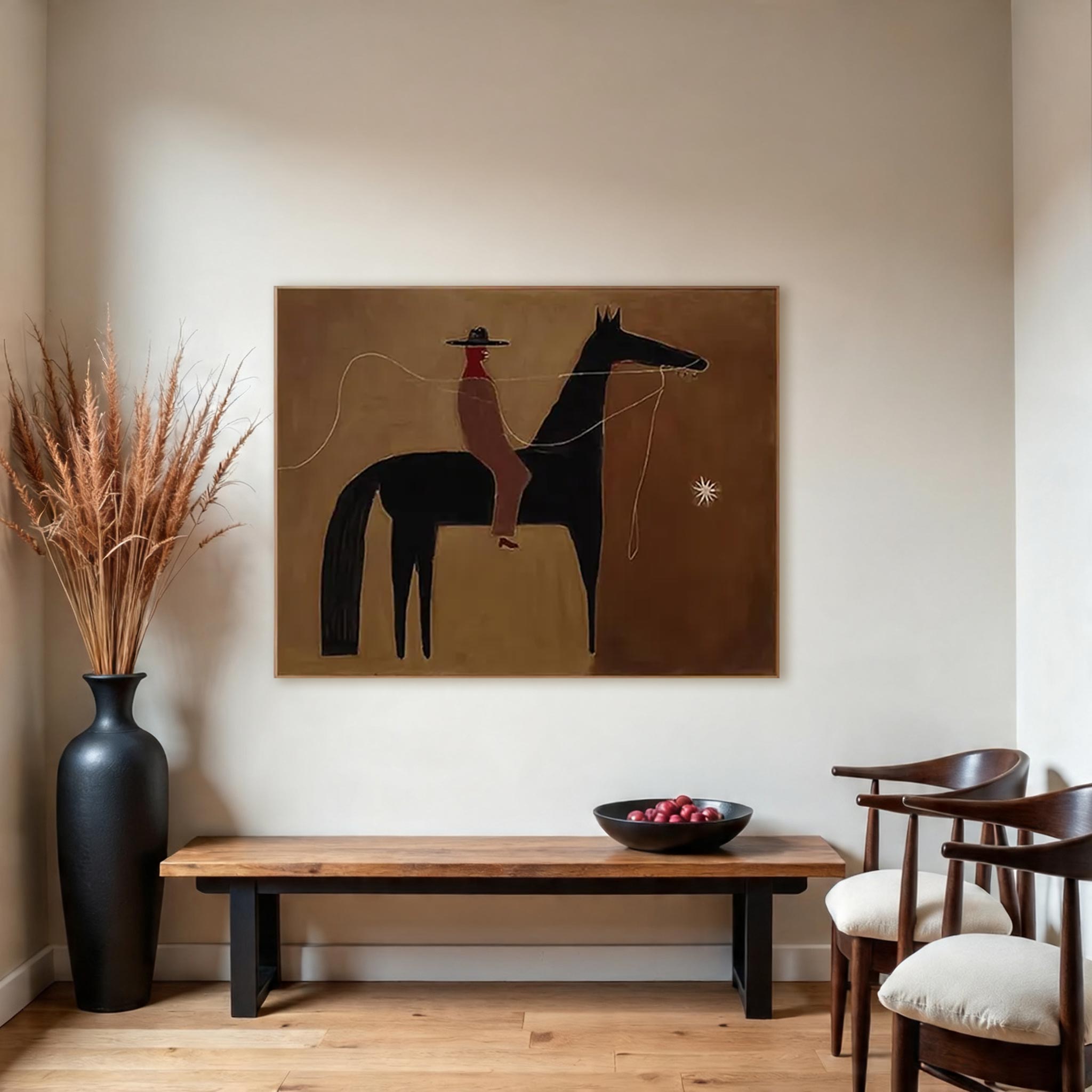 Minimalist Horse & Rider Wall Art – Abstract Western Style Canvas Painting #HA019