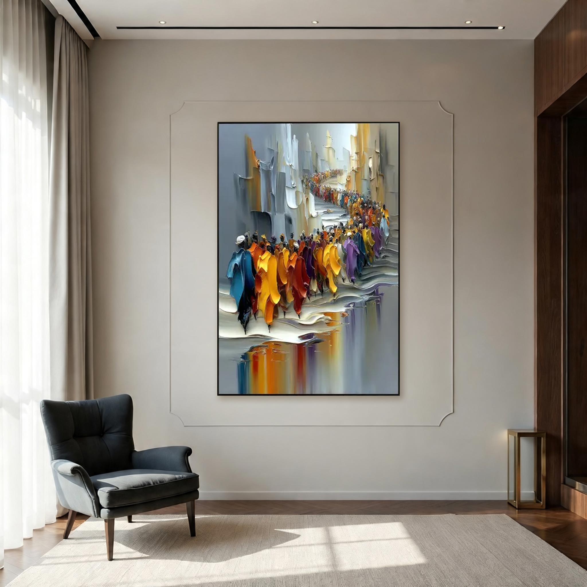 Large Colorful Crowd Procession Canvas Painting #CP035