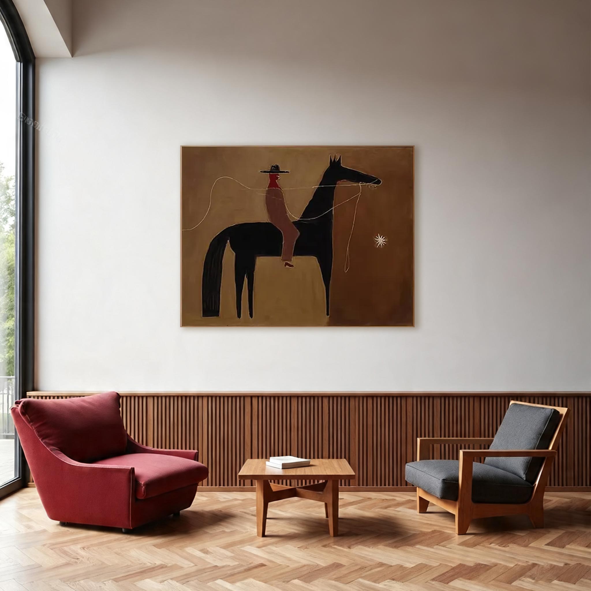 Minimalist Horse & Rider Wall Art – Abstract Western Style Canvas Painting #HA019