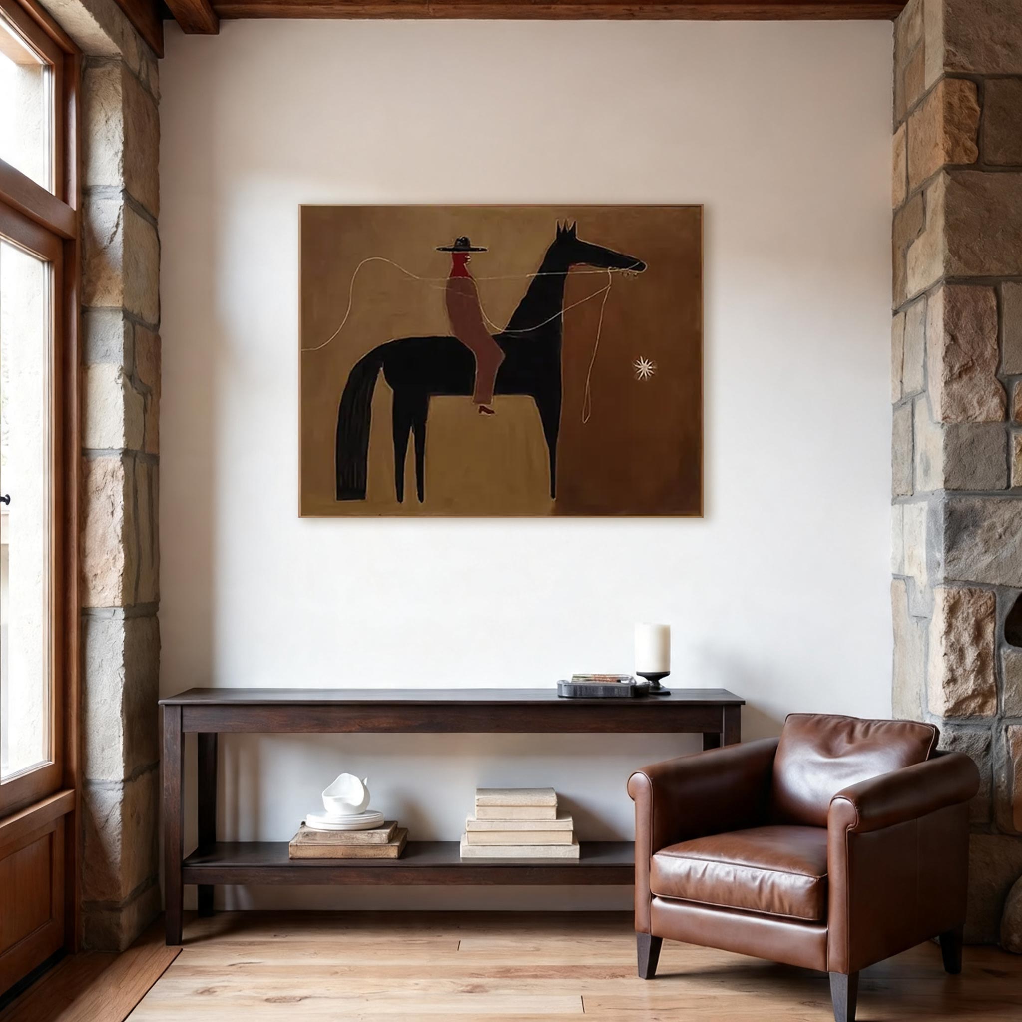 Minimalist Horse & Rider Wall Art – Abstract Western Style Canvas Painting #HA019