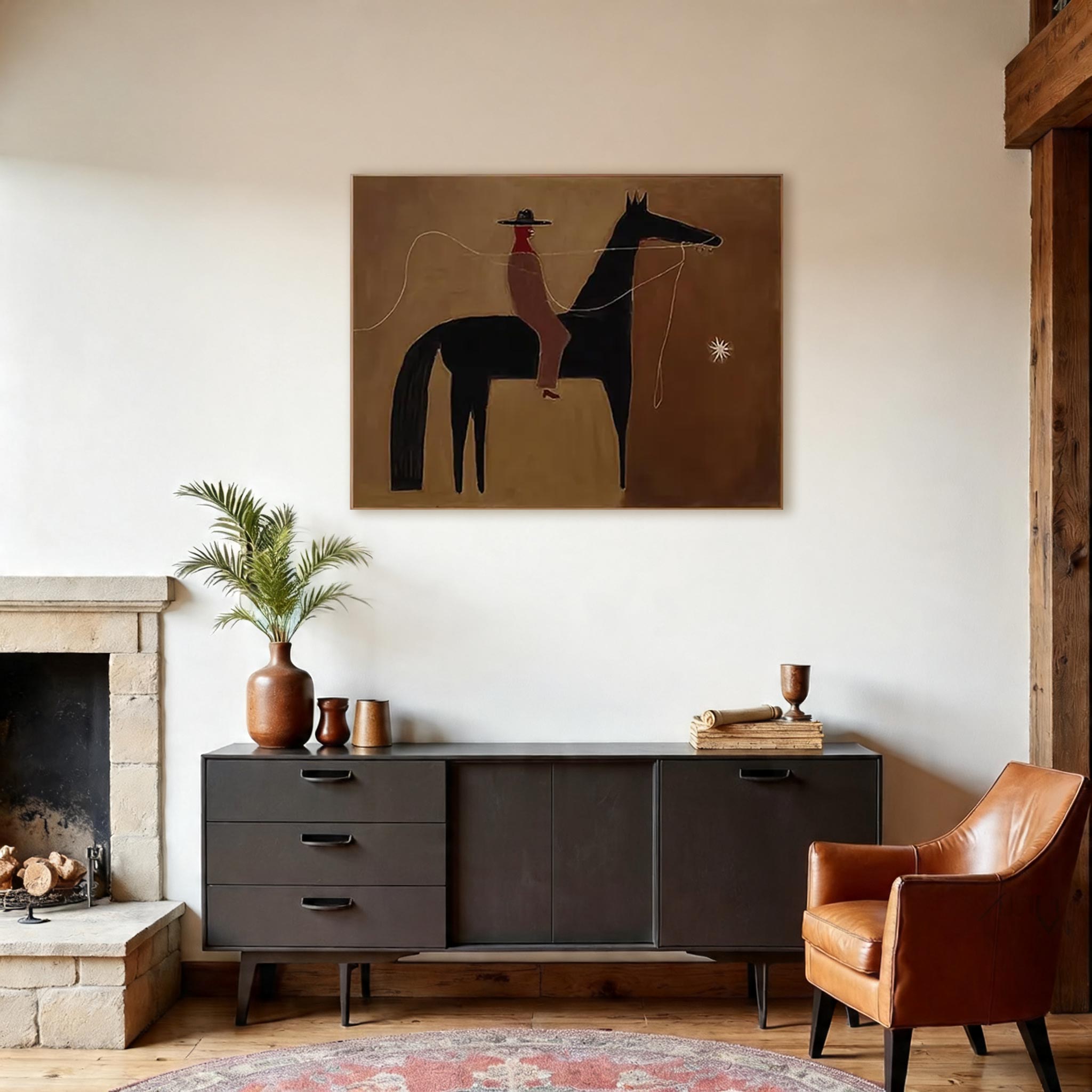 Minimalist Horse & Rider Wall Art – Abstract Western Style Canvas Painting #HA019