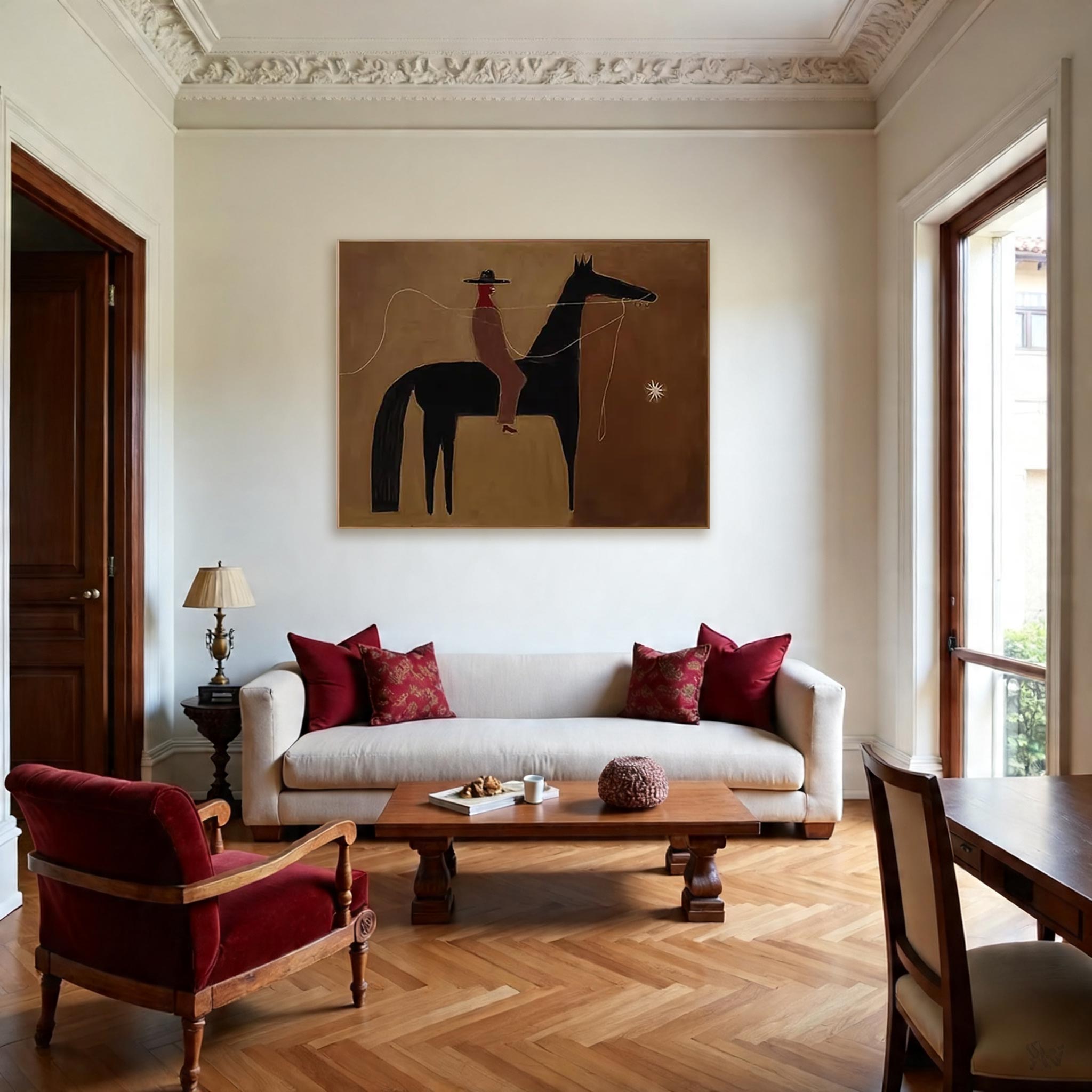 Minimalist Horse & Rider Wall Art – Abstract Western Style Canvas Painting #HA019