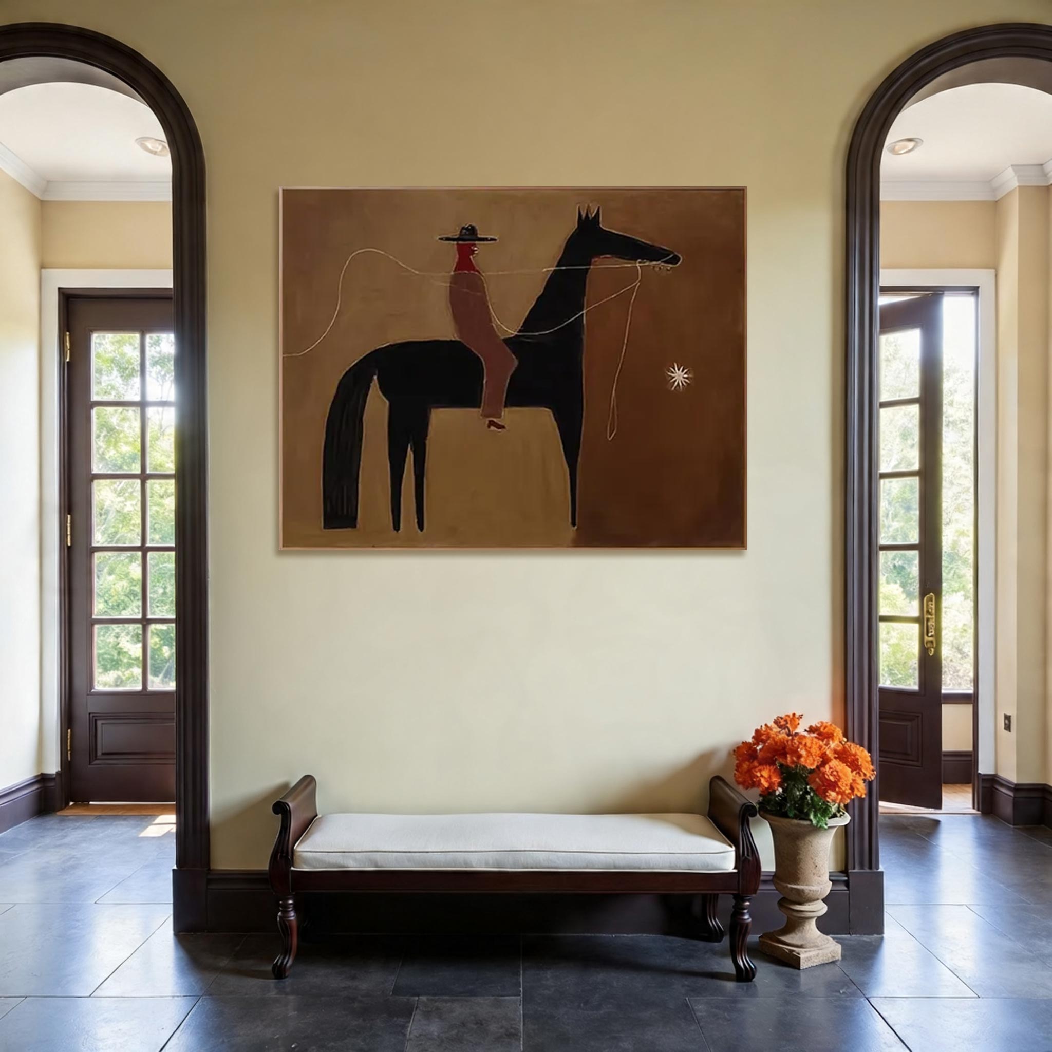 Minimalist Horse & Rider Wall Art – Abstract Western Style Canvas Painting #HA019