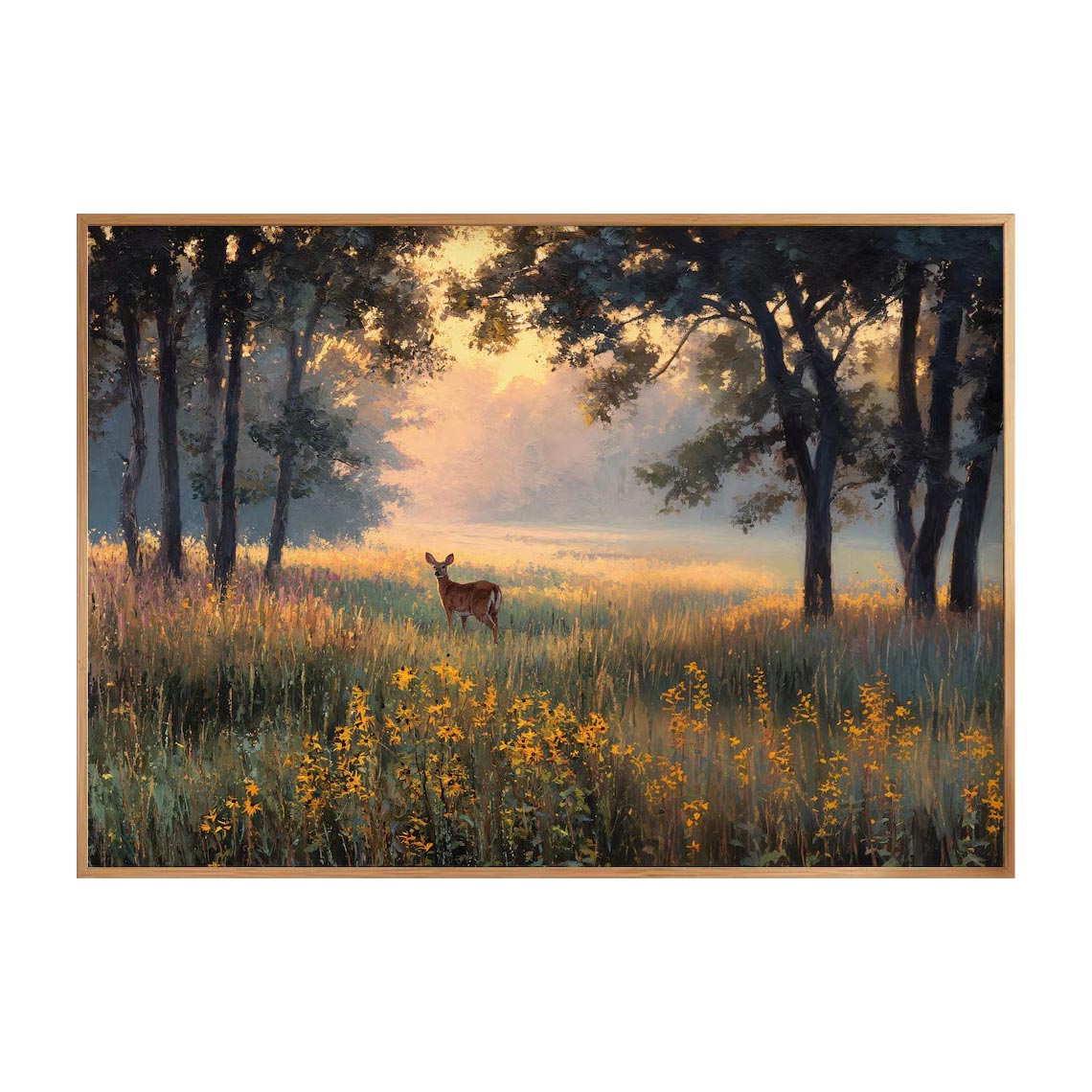 Deer in Golden Woodland Landscape Wall Art #AN003