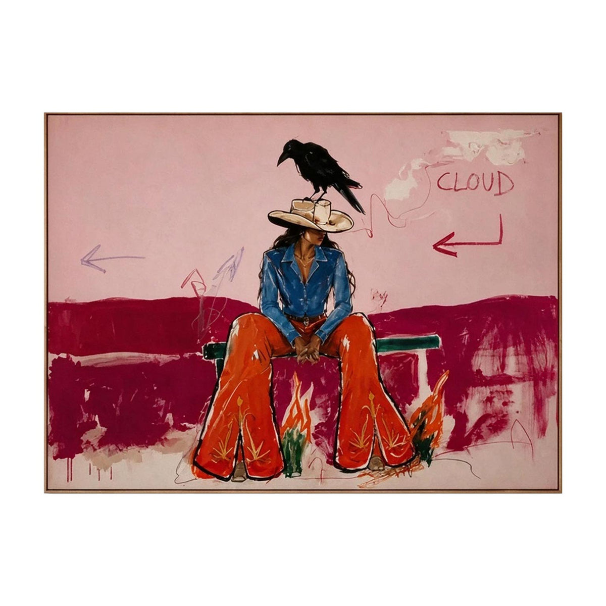 Pink Cowgirl & Crow Western Oil Painting #CA013