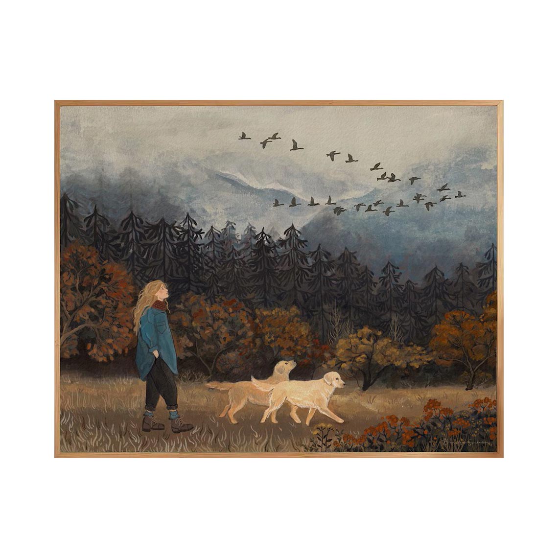 Autumn Walk with Dogs Landscape Wall Art #AN002