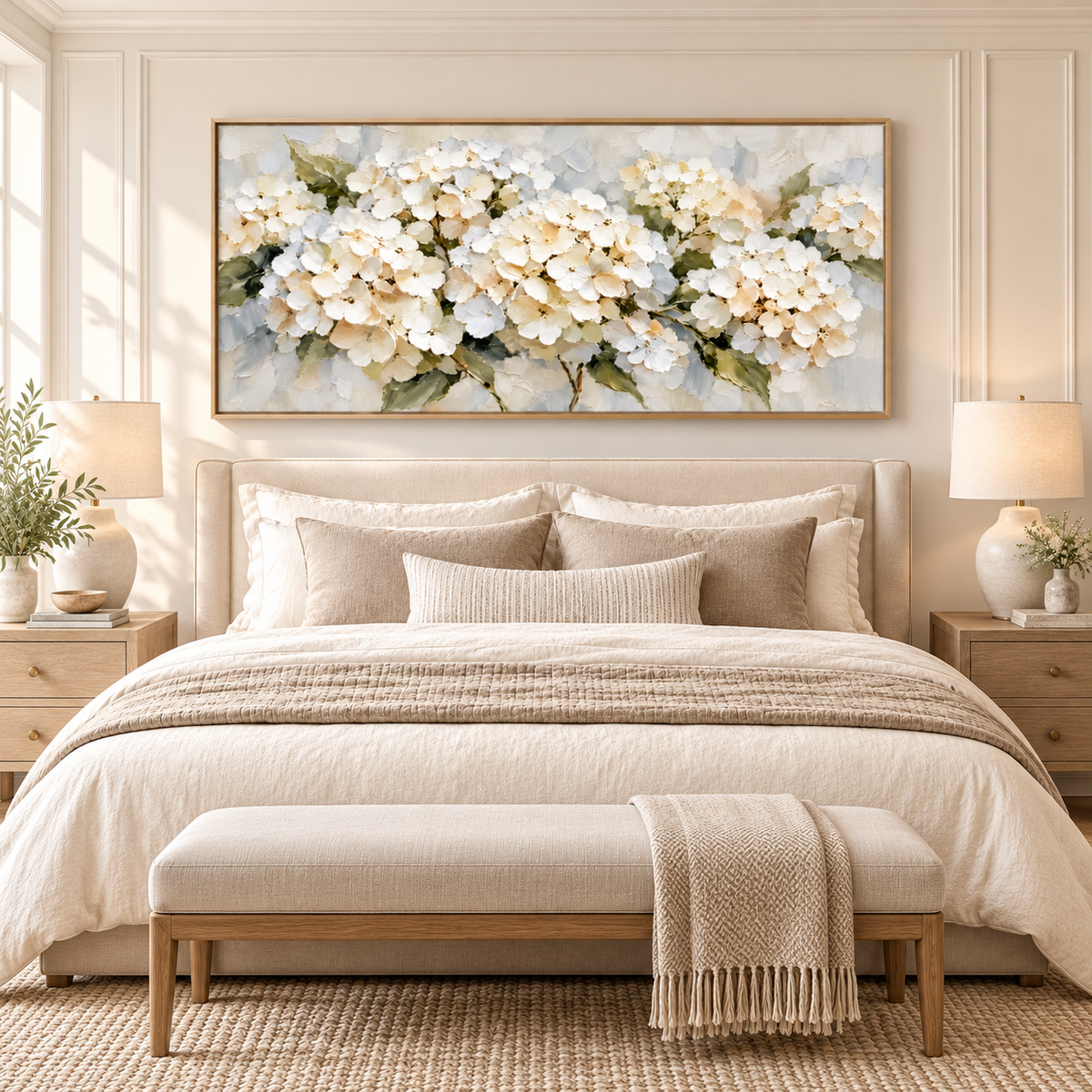 Hydrangea Bloom – Textured Impasto Floral Painting | Soft White Living Room Wall Art #CP084