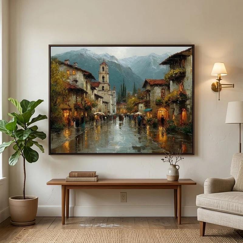 Twilight in Tuscany – Rainy Village Landscape Painting