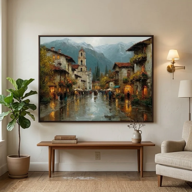 Twilight in Tuscany – Rainy Village Landscape Painting