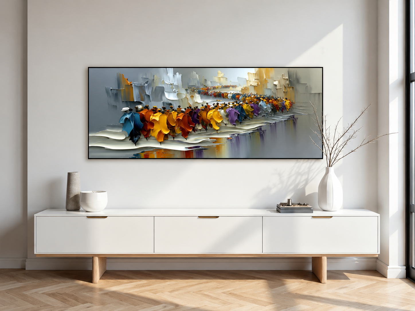 The March — Colourful Crowd Impasto Canvas Wall Art, Wide Format #CP055