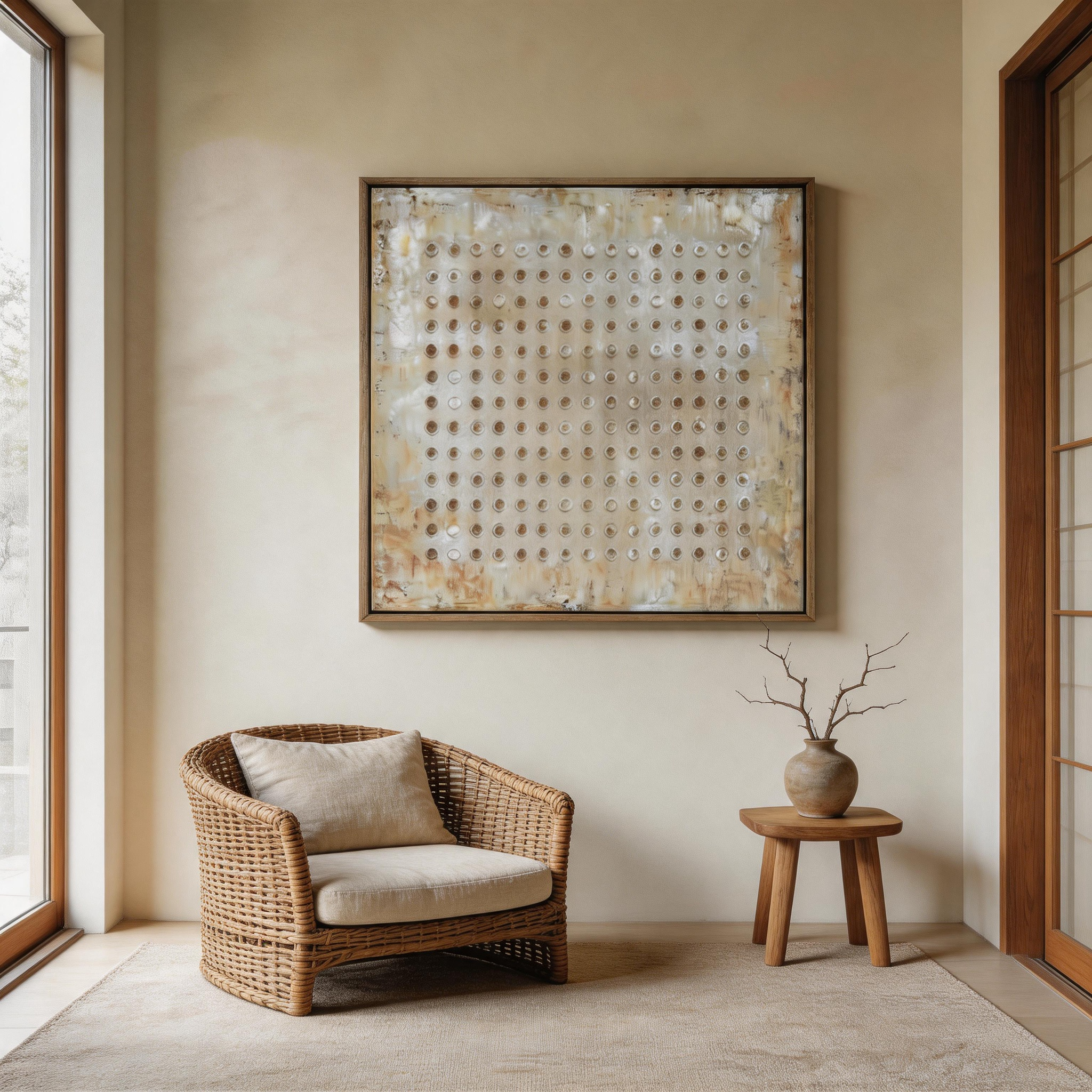 One Hundred Circles — Ivory Dot Grid Impasto Canvas Wall Art #GT009