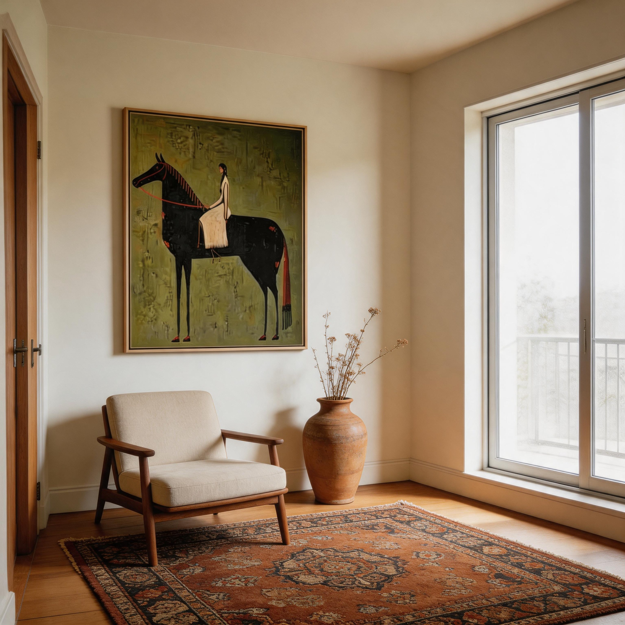 She Rides at Dusk — Abstract Equestrian Woman & Black Horse Canvas Wall Art #HA028