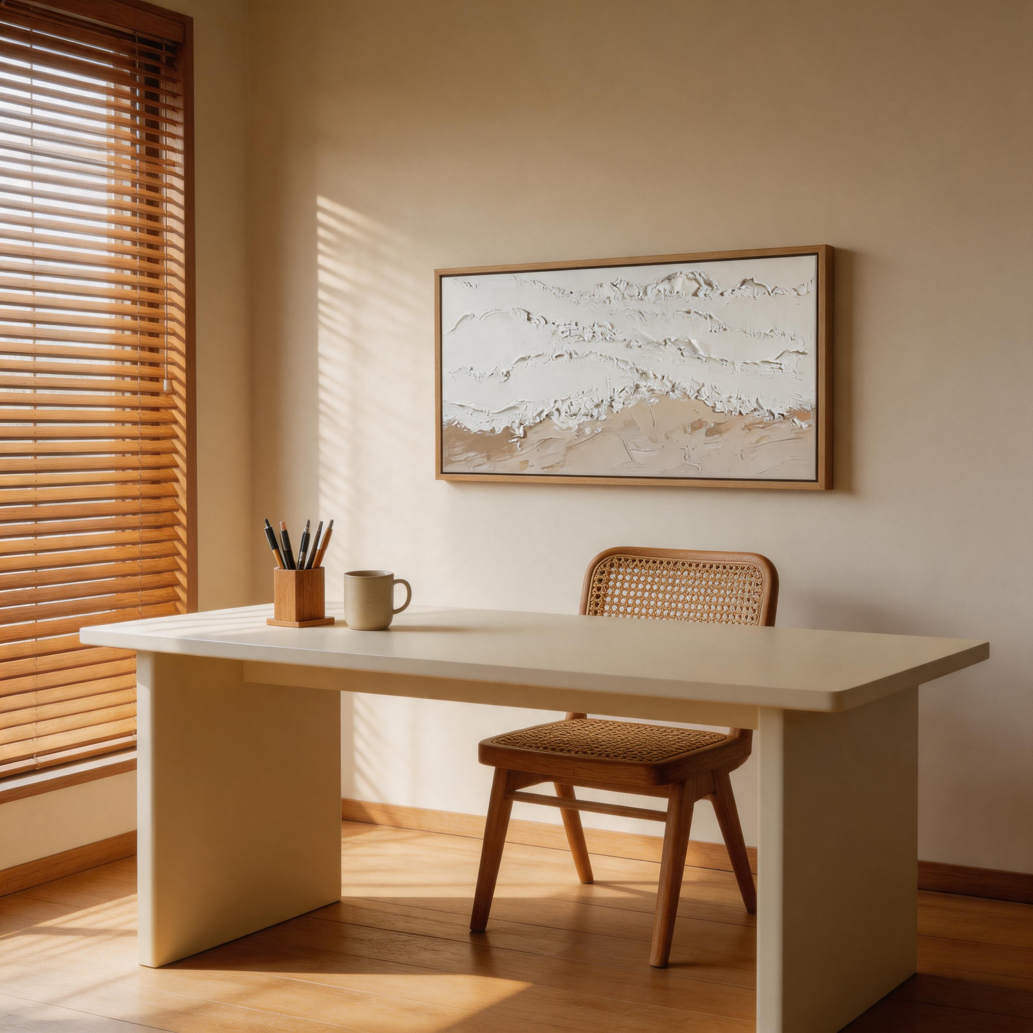 The Dunes — White & Sand Impasto Panoramic Canvas Wall Art Above Sofa #WT010