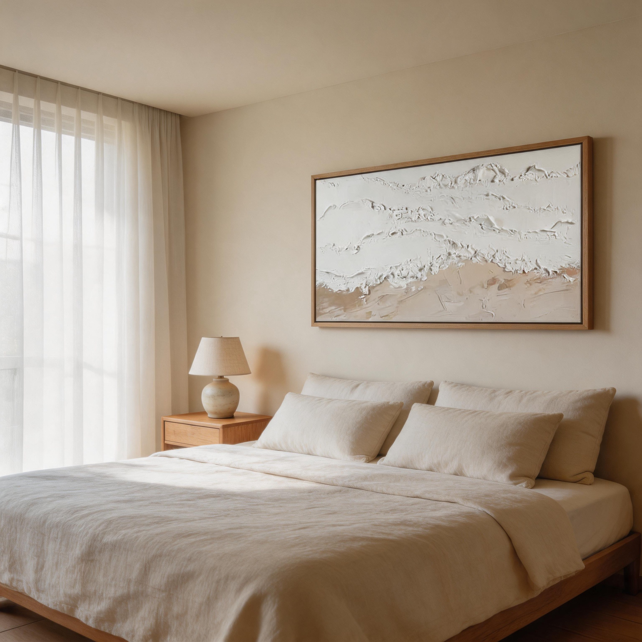 The Dunes — White & Sand Impasto Panoramic Canvas Wall Art Above Sofa #WT010