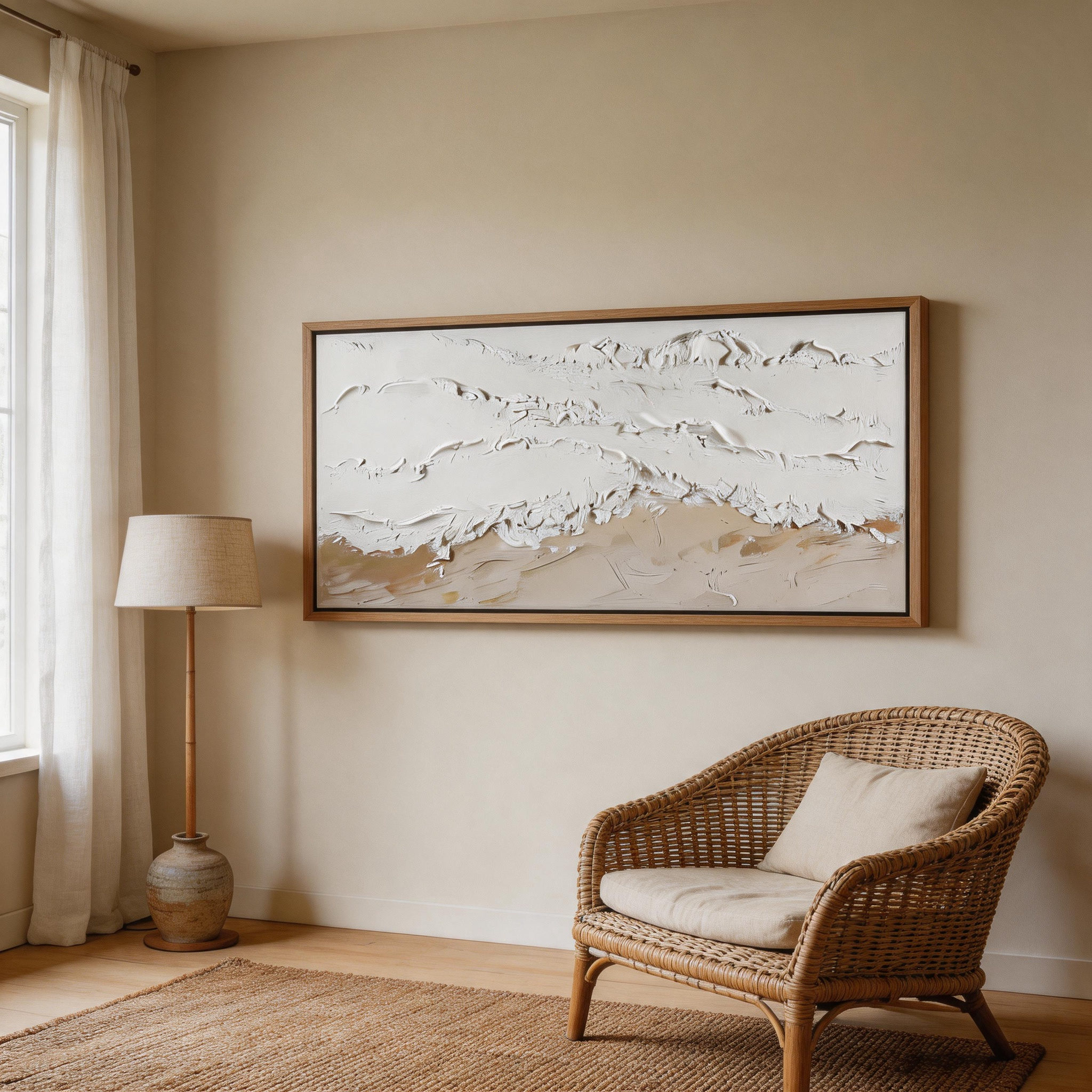 The Dunes — White & Sand Impasto Panoramic Canvas Wall Art Above Sofa #WT010