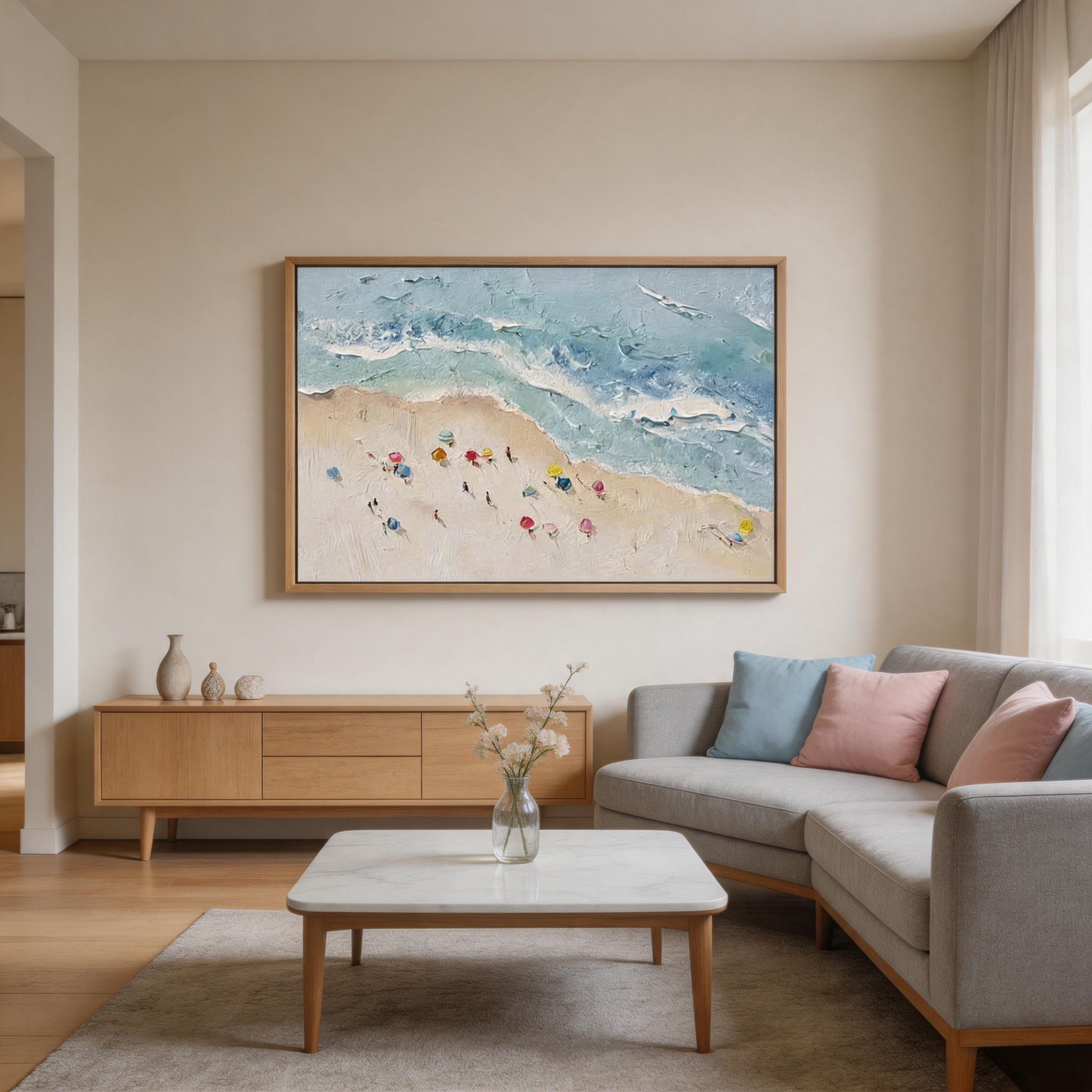 Summer Shore — Aerial Beach Impasto Canvas Wall Art with Colourful Umbrellas #CP049