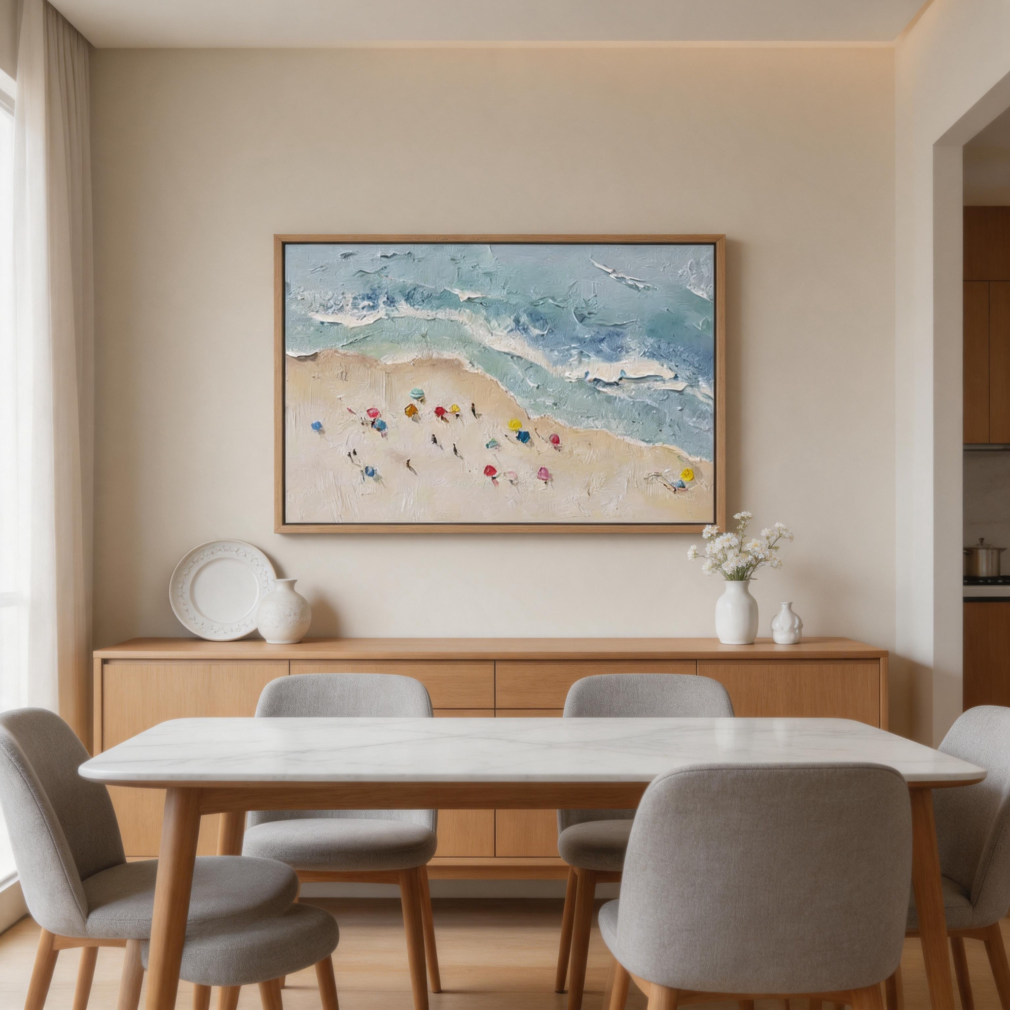 Summer Shore — Aerial Beach Impasto Canvas Wall Art with Colourful Umbrellas #CP049