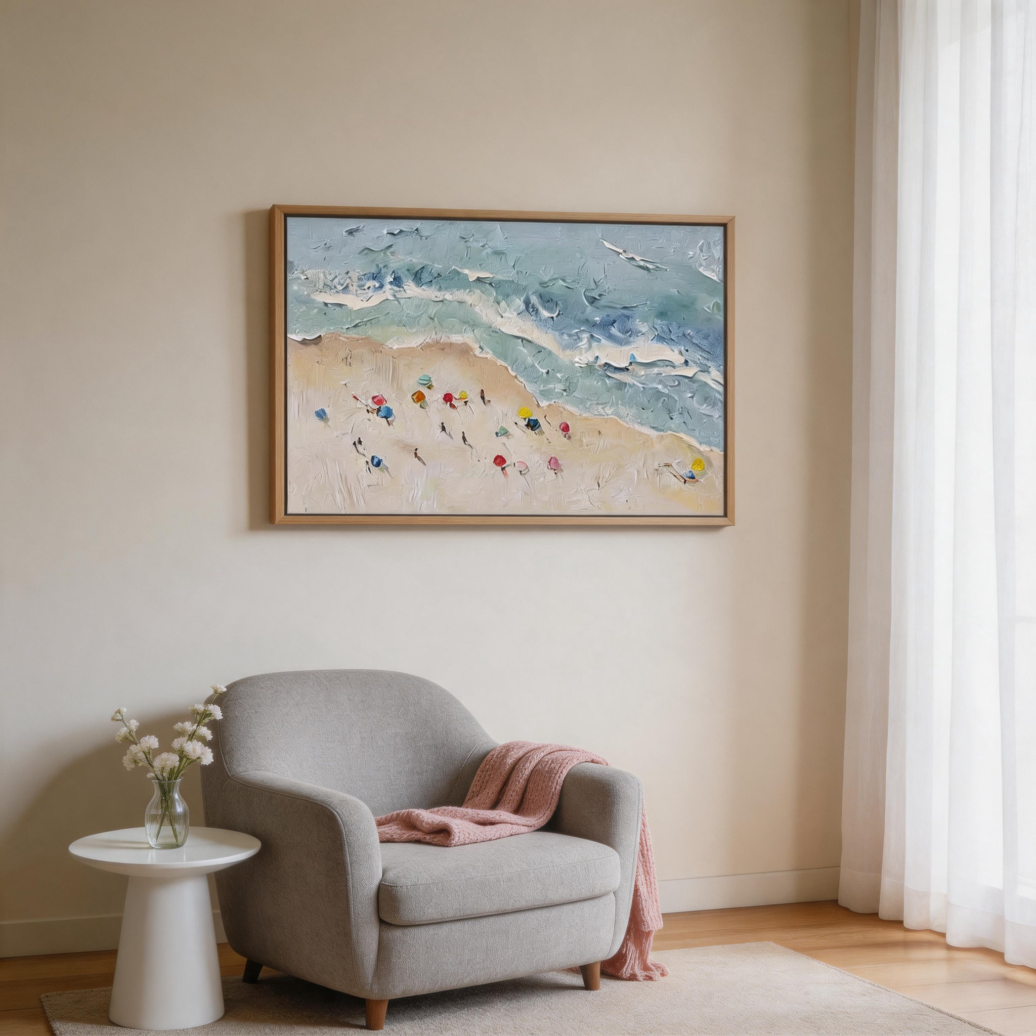 Summer Shore — Aerial Beach Impasto Canvas Wall Art with Colourful Umbrellas #CP049