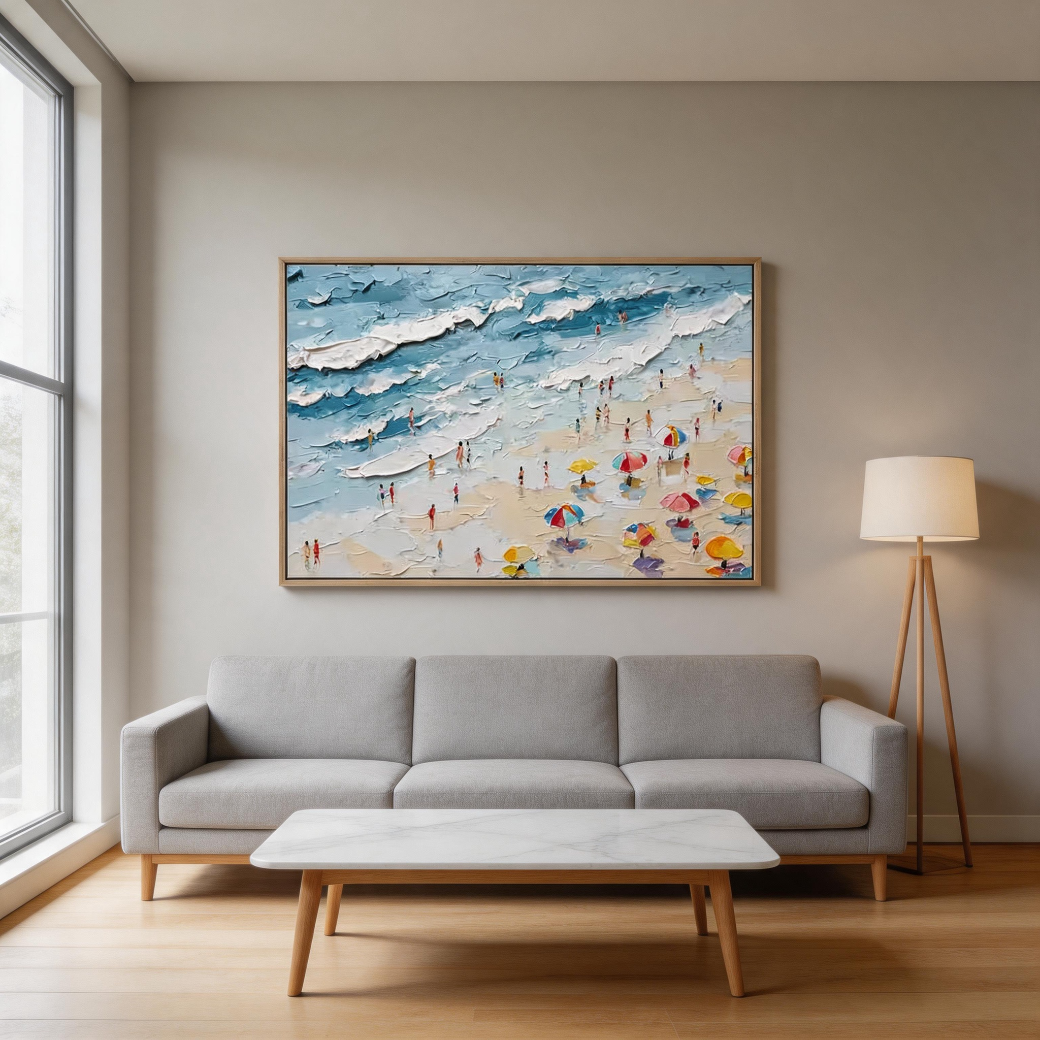 High Tide — Bold Impasto Beach Scene Canvas Wall Art with Figures & Umbrellas #CP050