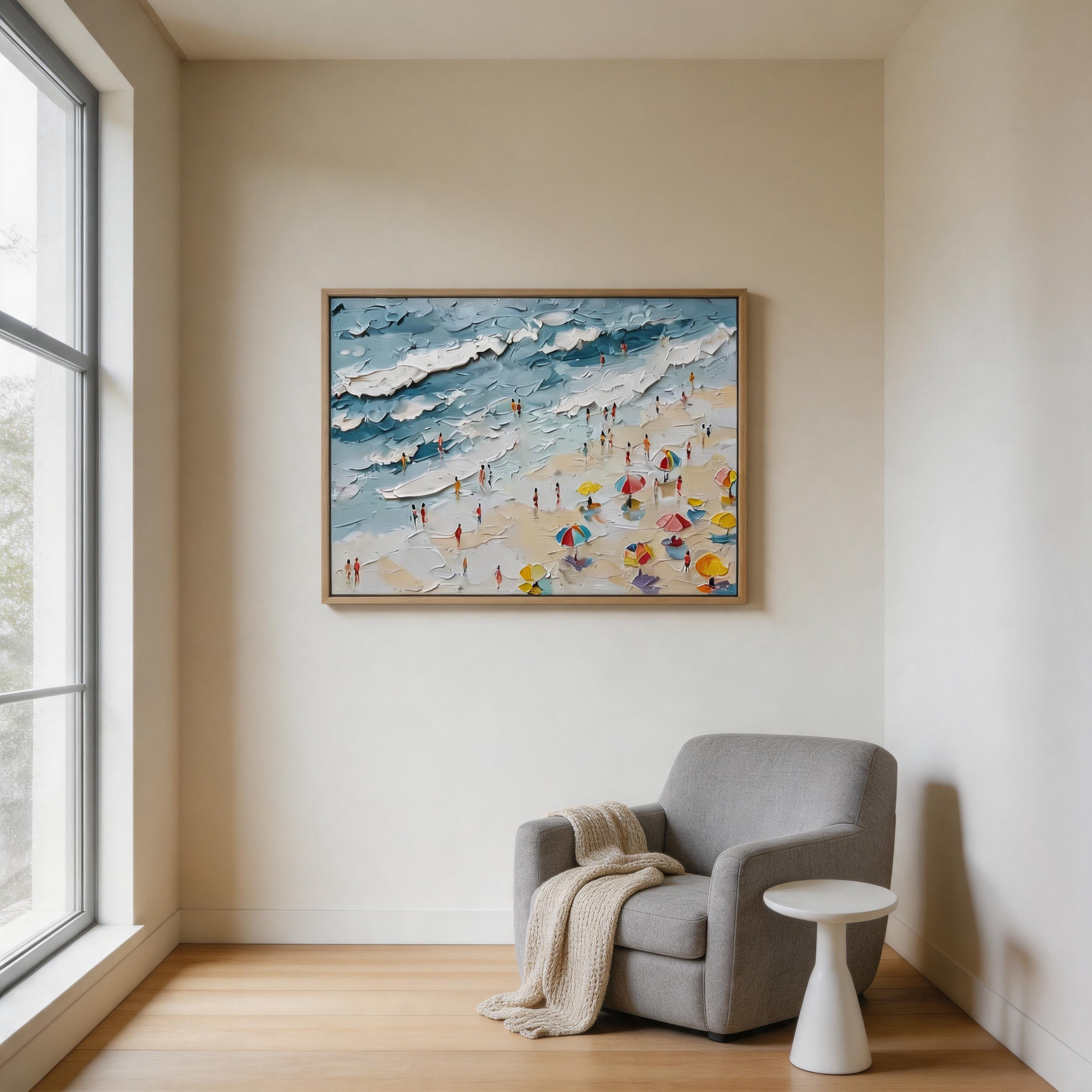 High Tide — Bold Impasto Beach Scene Canvas Wall Art with Figures & Umbrellas #CP050