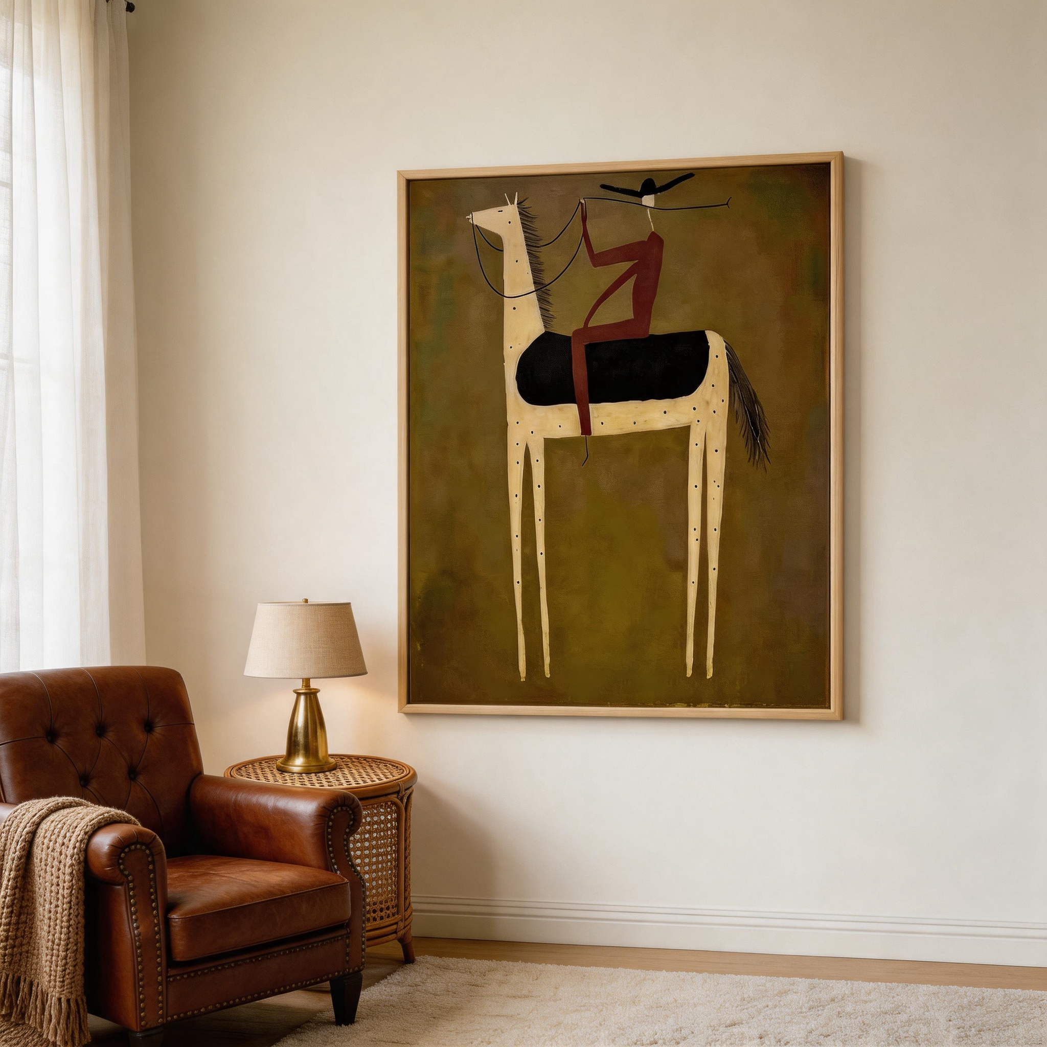 The Acrobat — Folk Art Equestrian Canvas Wall Art on Dark Olive Green #HA034