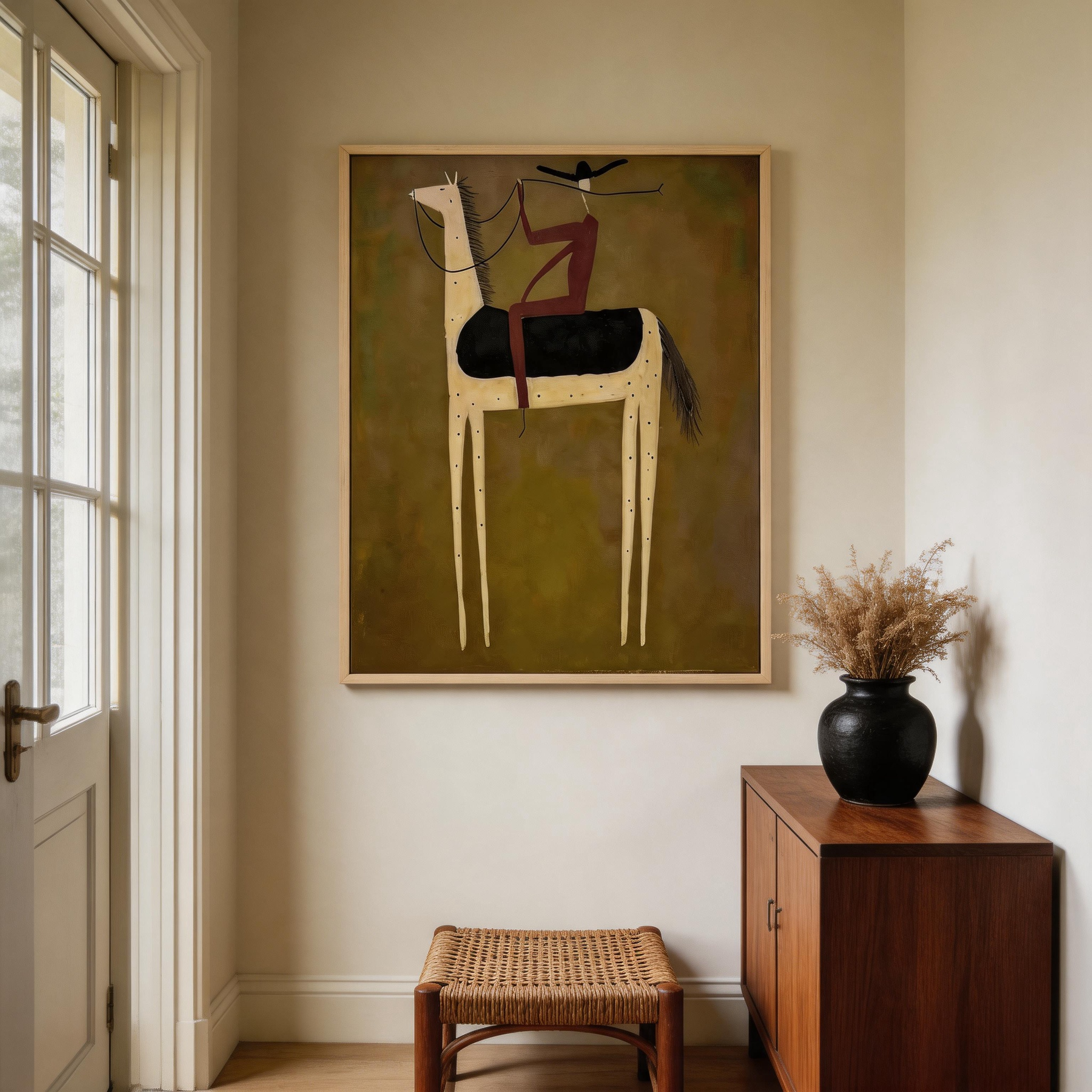 The Acrobat — Folk Art Equestrian Canvas Wall Art on Dark Olive Green #HA034