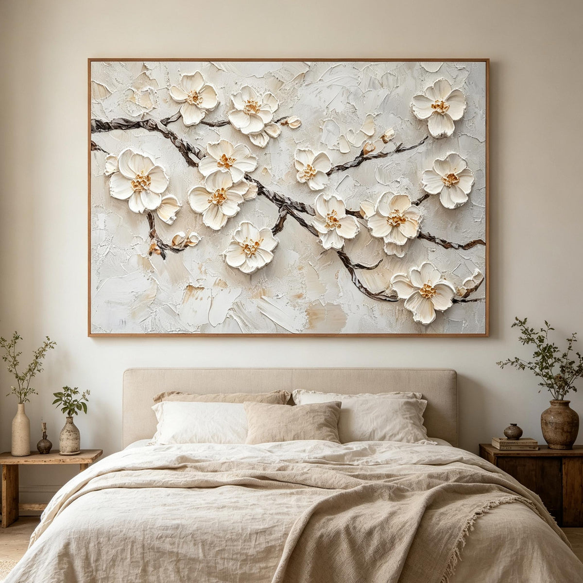 White Blossom Branch Textured Wall Art #FL062