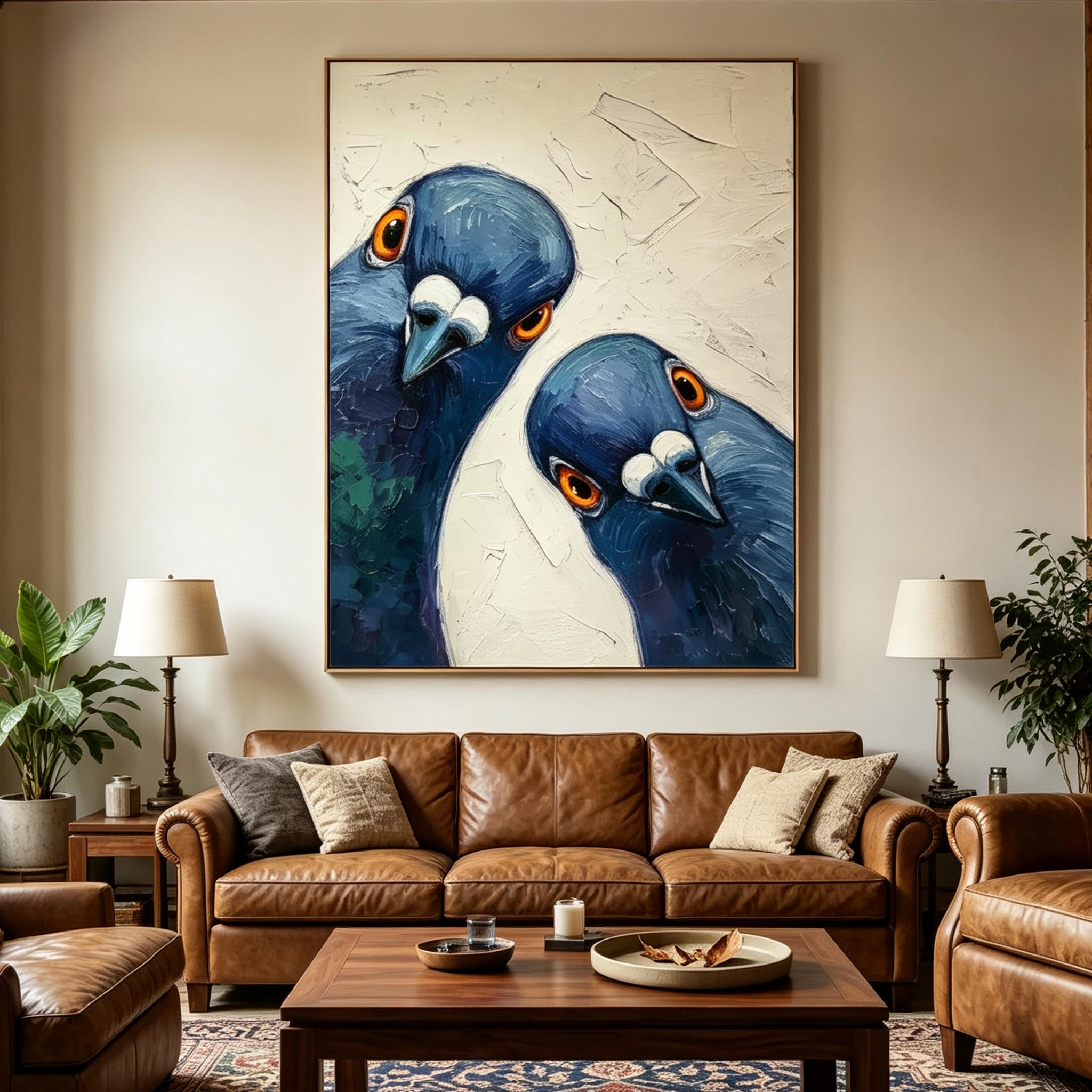 Watchful Pair – Textured Impasto Pigeon Painting #AN001