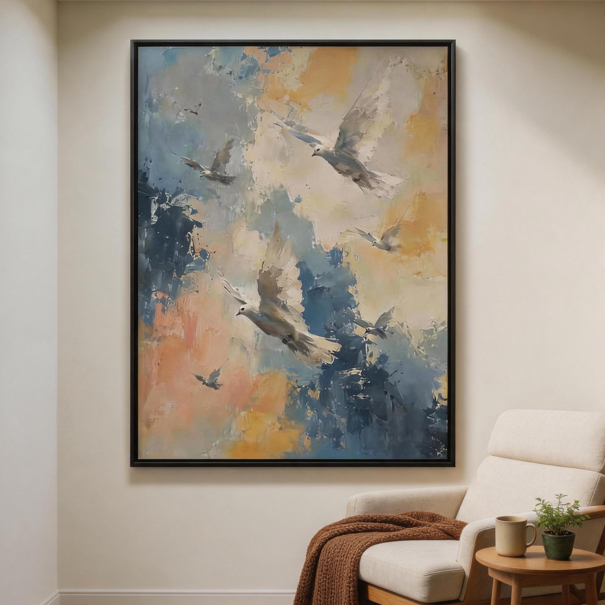 Taking Flight — Abstract Birds Canvas Wall Art in Blue & Gold #AB017