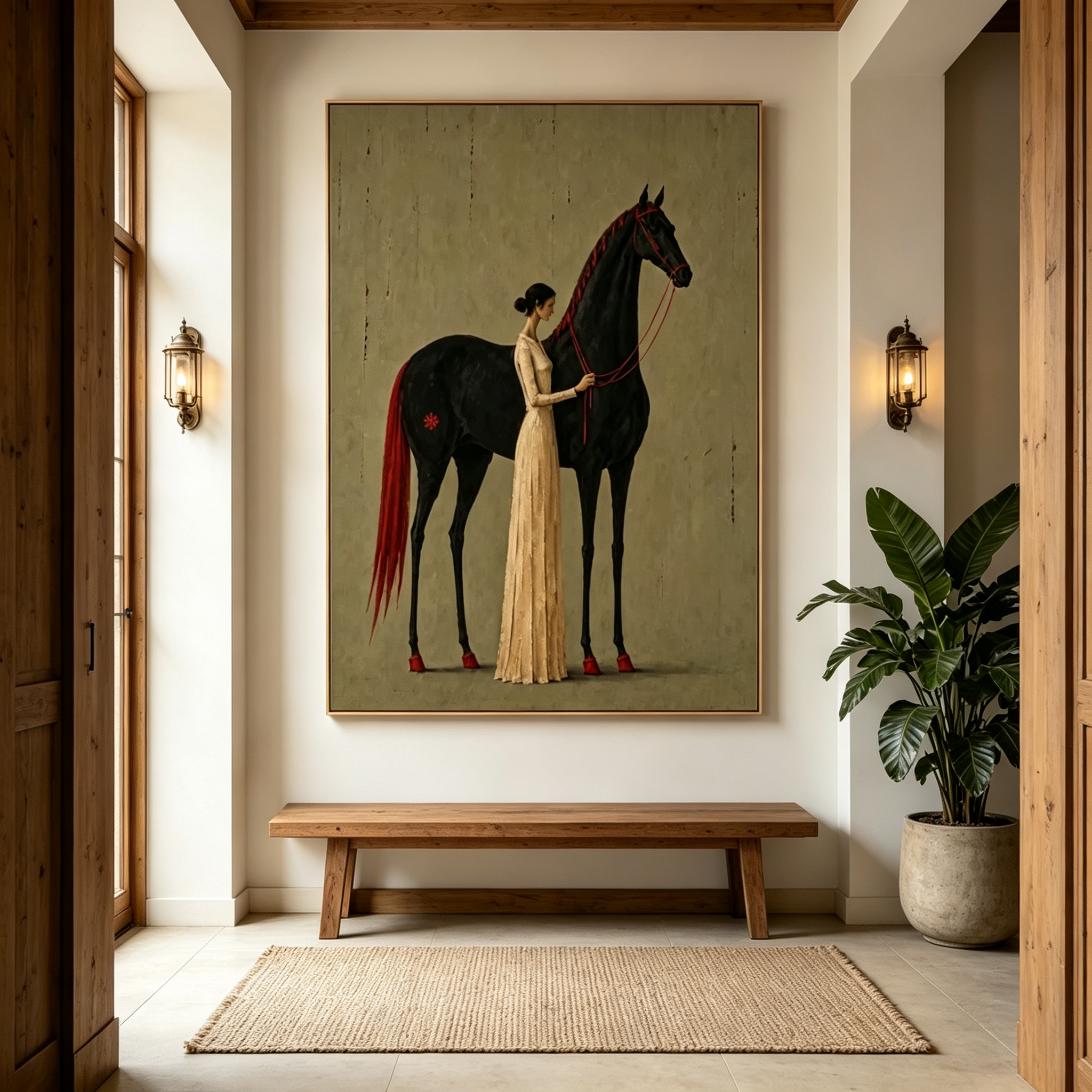 Lady & the Black Stallion – Elegant Equestrian Portrait Painting #HA062