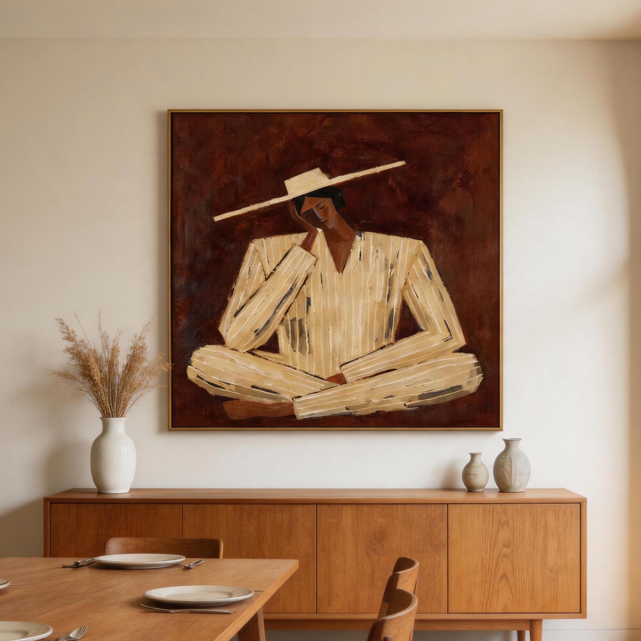 Still — Seated Figure in Wide Hat Canvas Wall Art, Ochre & Oxblood #CP058