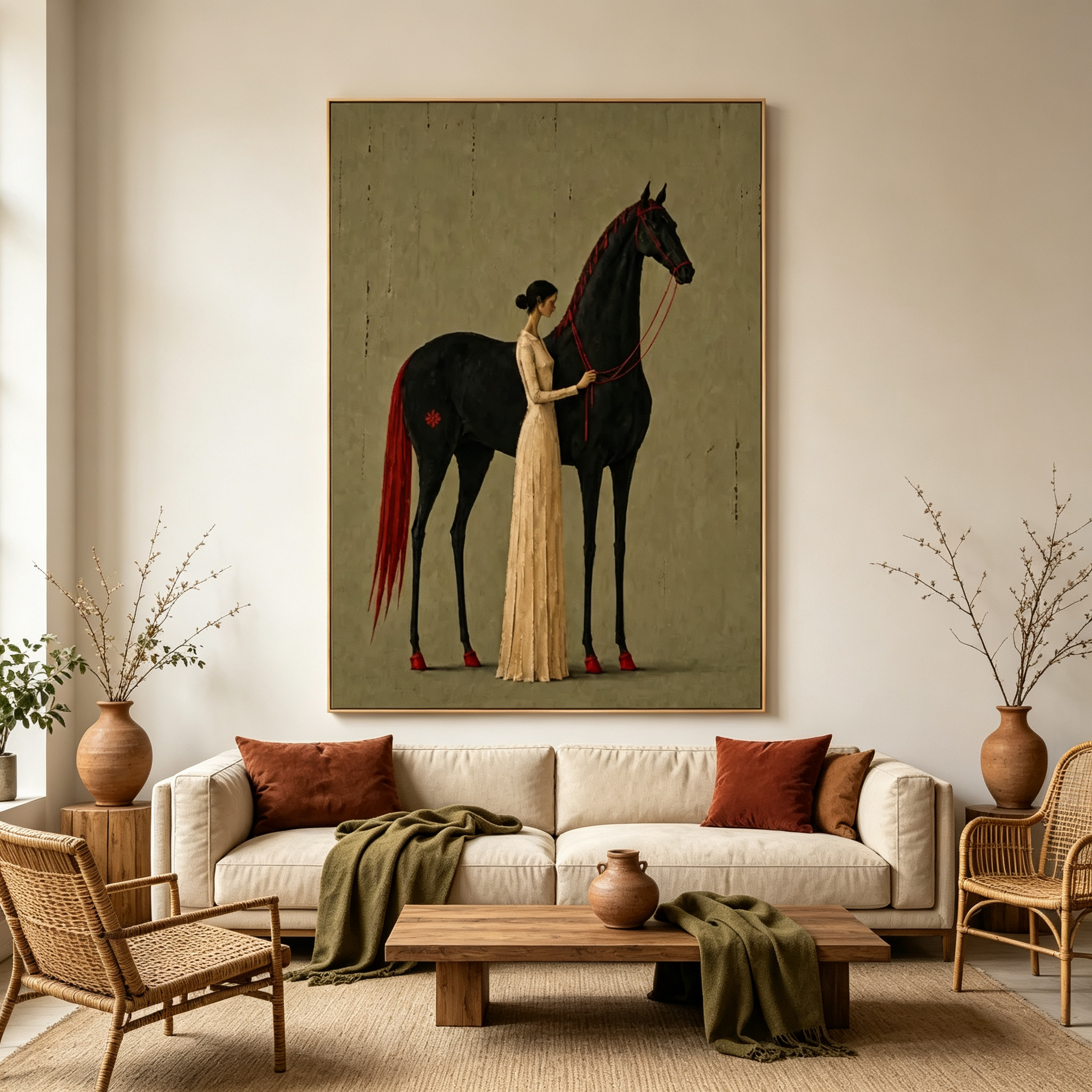 Lady & the Black Stallion – Elegant Equestrian Portrait Painting #HA062