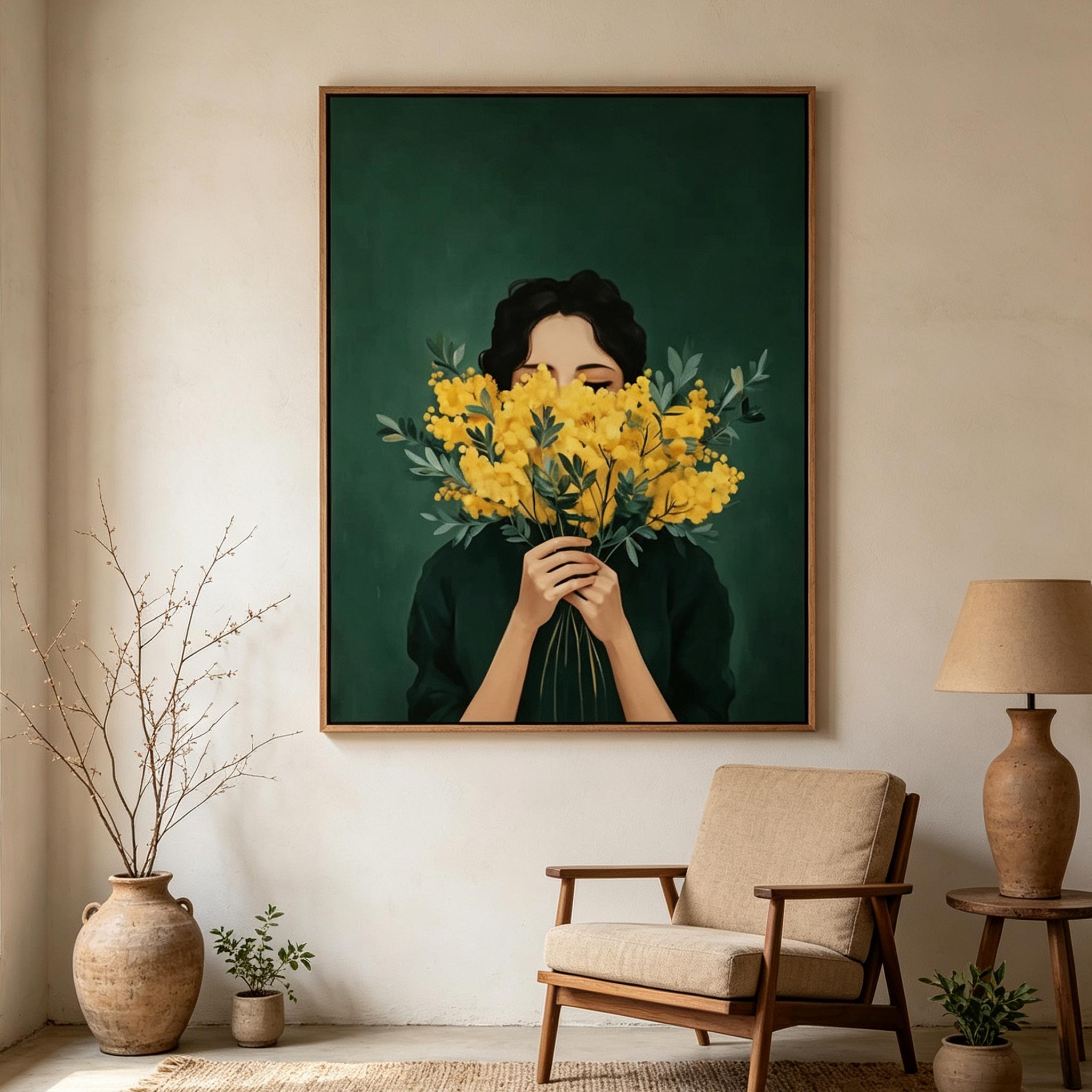 Behind the Mimosa – Modern Illustrative Floral Portrait Painting #CP067