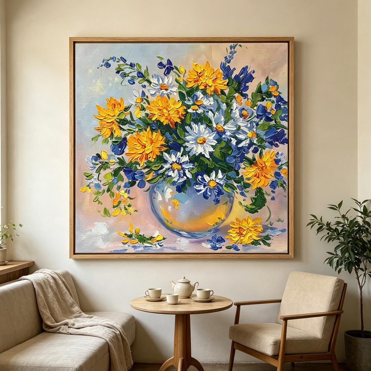 Blue and Yellow Floral Vase Wall Art #FL074
