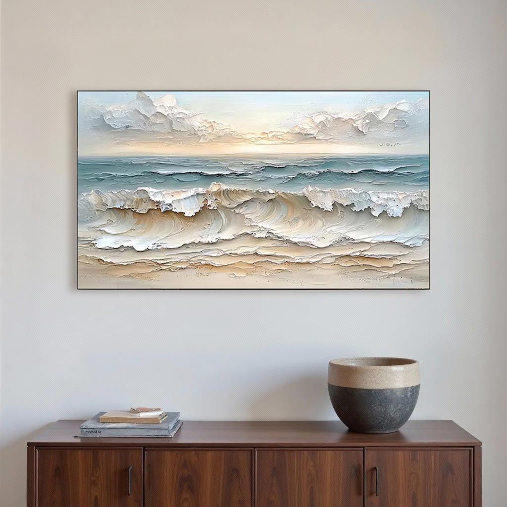 Textured Ocean Wave Wall Art Canvas – Soft Neutral Coastal Seascape Painting #GT002
